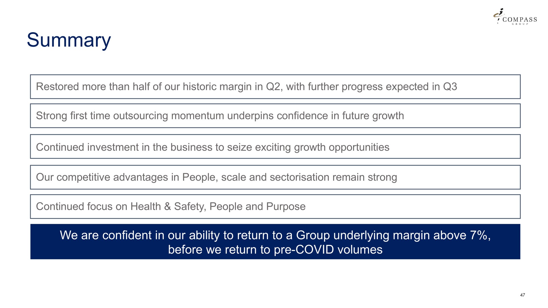 summary we are confident in our ability to return to a group underlying margin above before we return to covid volumes | Compass Group