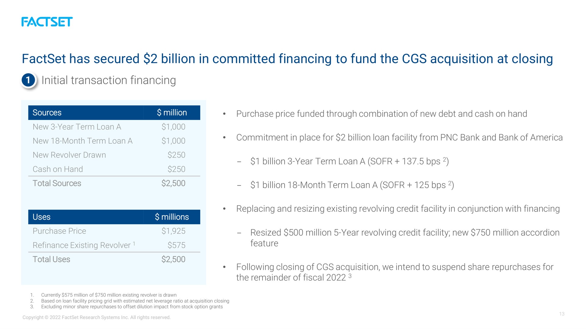 has secured billion in committed financing to fund the acquisition at closing initial transaction | Factset
