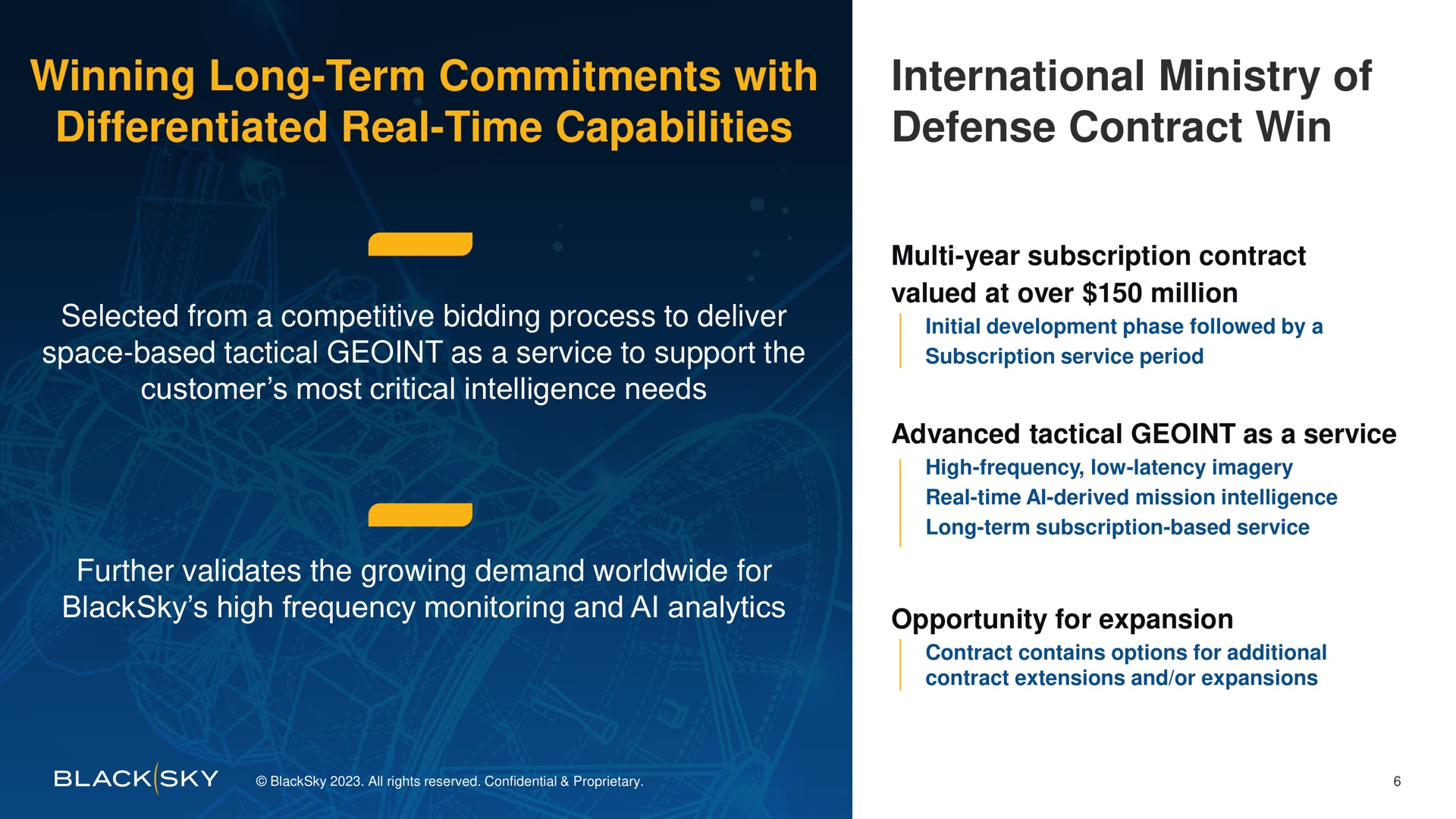 winning long term commitments with differentiated real time capabilities international ministry of defense contract win a me selected from a competitive bidding process to deliver space based tactical as a service to support the initial development phase followed by a subscription service period further validates the growing demand for | BlackSky