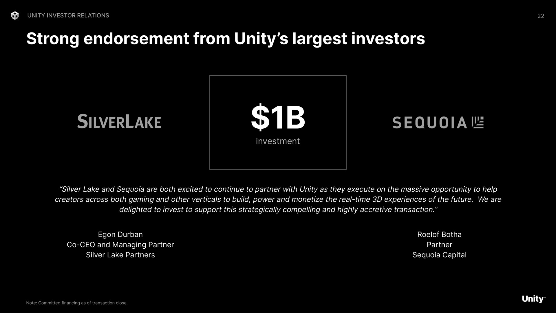 strong endorsement from unity investors tee | Unity Software