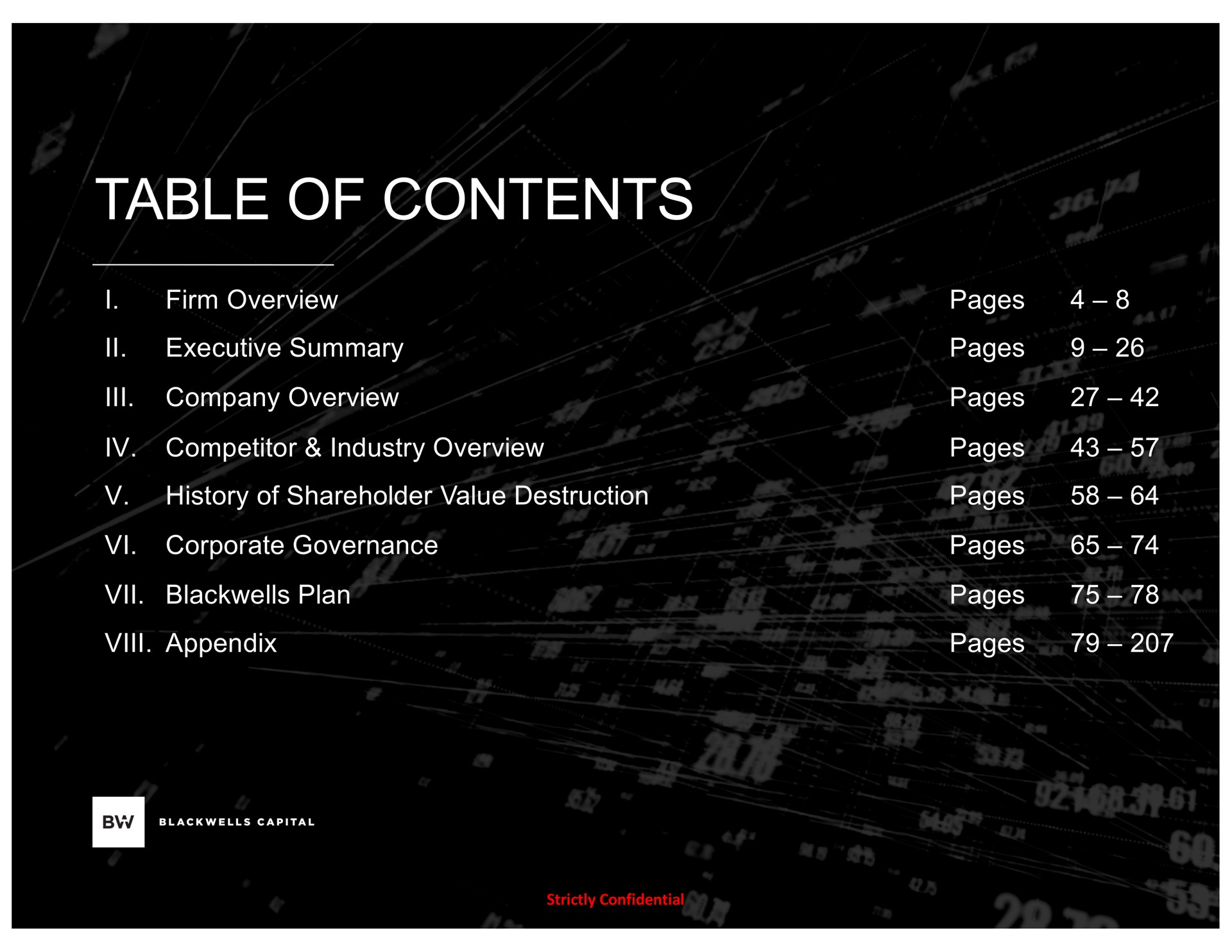 table of contents i firm overview executive summary company overview competitor industry overview history of shareholder value destruction corporate governance plan appendix pages pages pages pages pages pages pages pages | Blackwells Capital