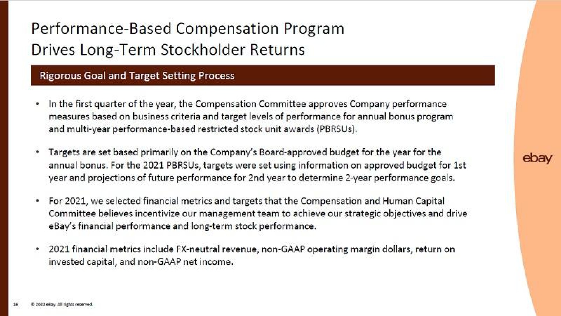 performance based compensation program drives long term stockholder returns first quarter of the year the compensation committee approves company performance annual bonus for the targets were set using information on approved budget for year and projections of future performance for year to determine year performance goals committee believes our management team to achieve our strategic objectives and drive financial metrics include neutral revenue non operating margin dollars return on | eBay