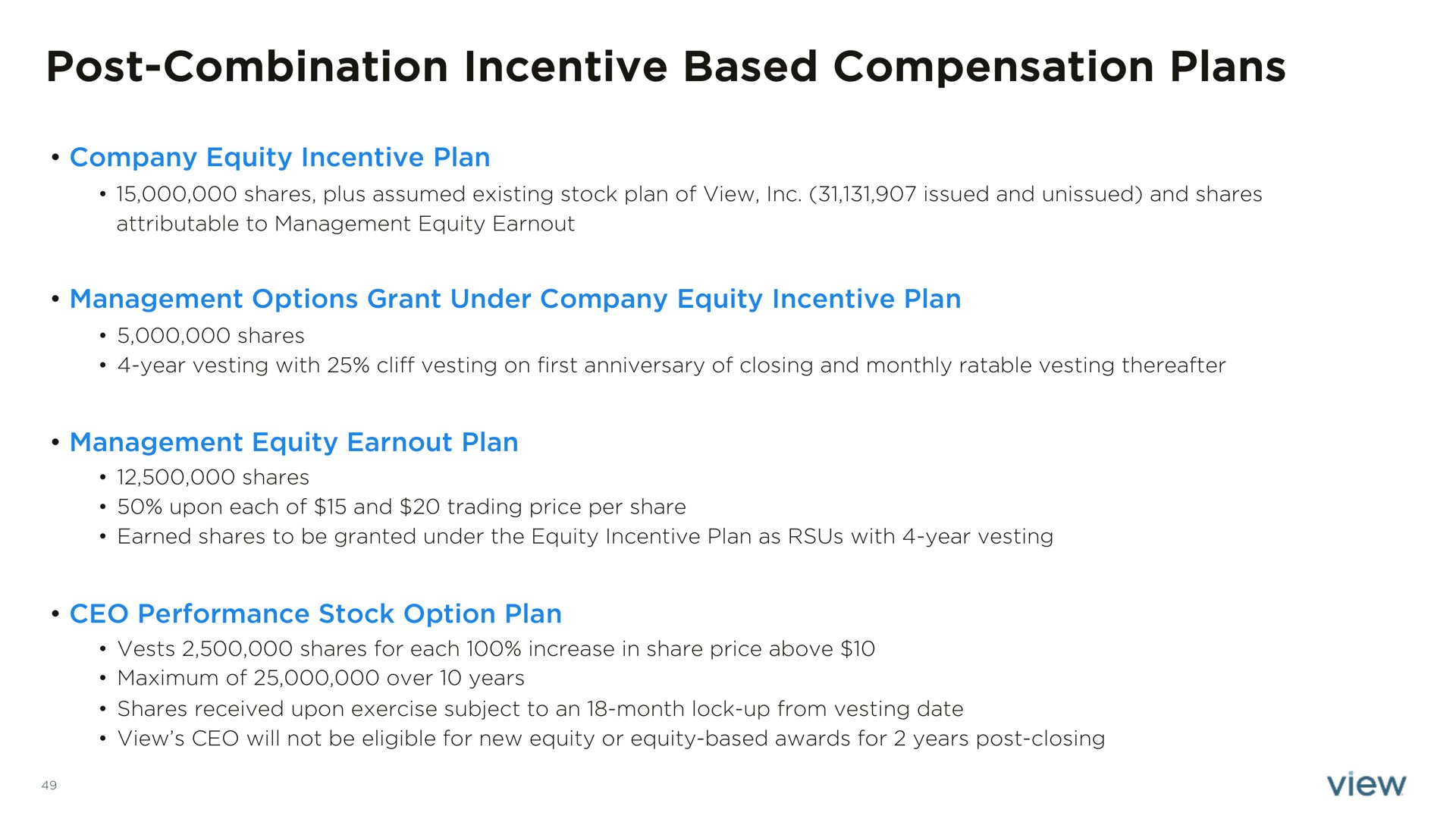 post combination incentive based compensation plans | View