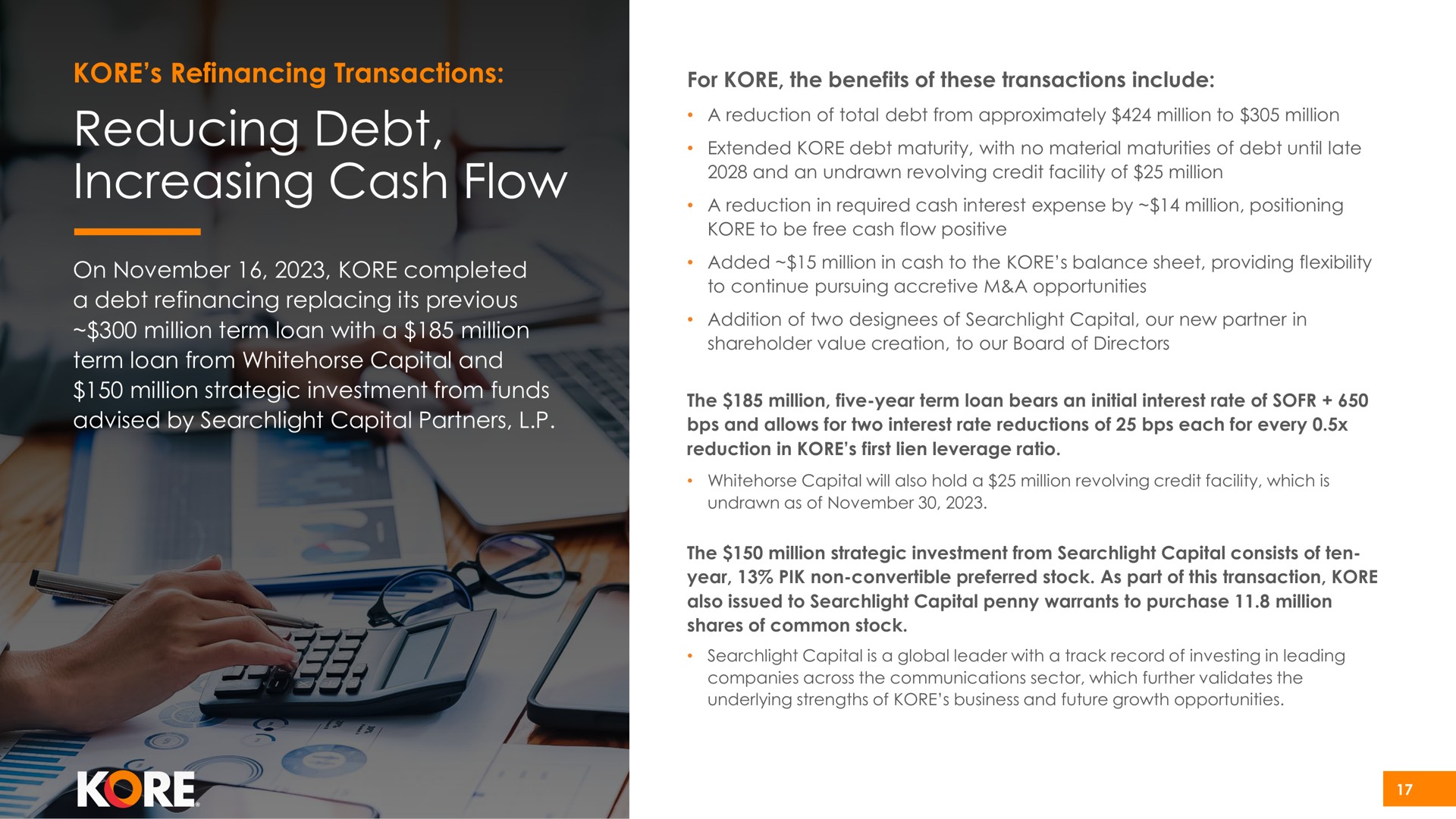 reducing debt increasing cash flow | Kore