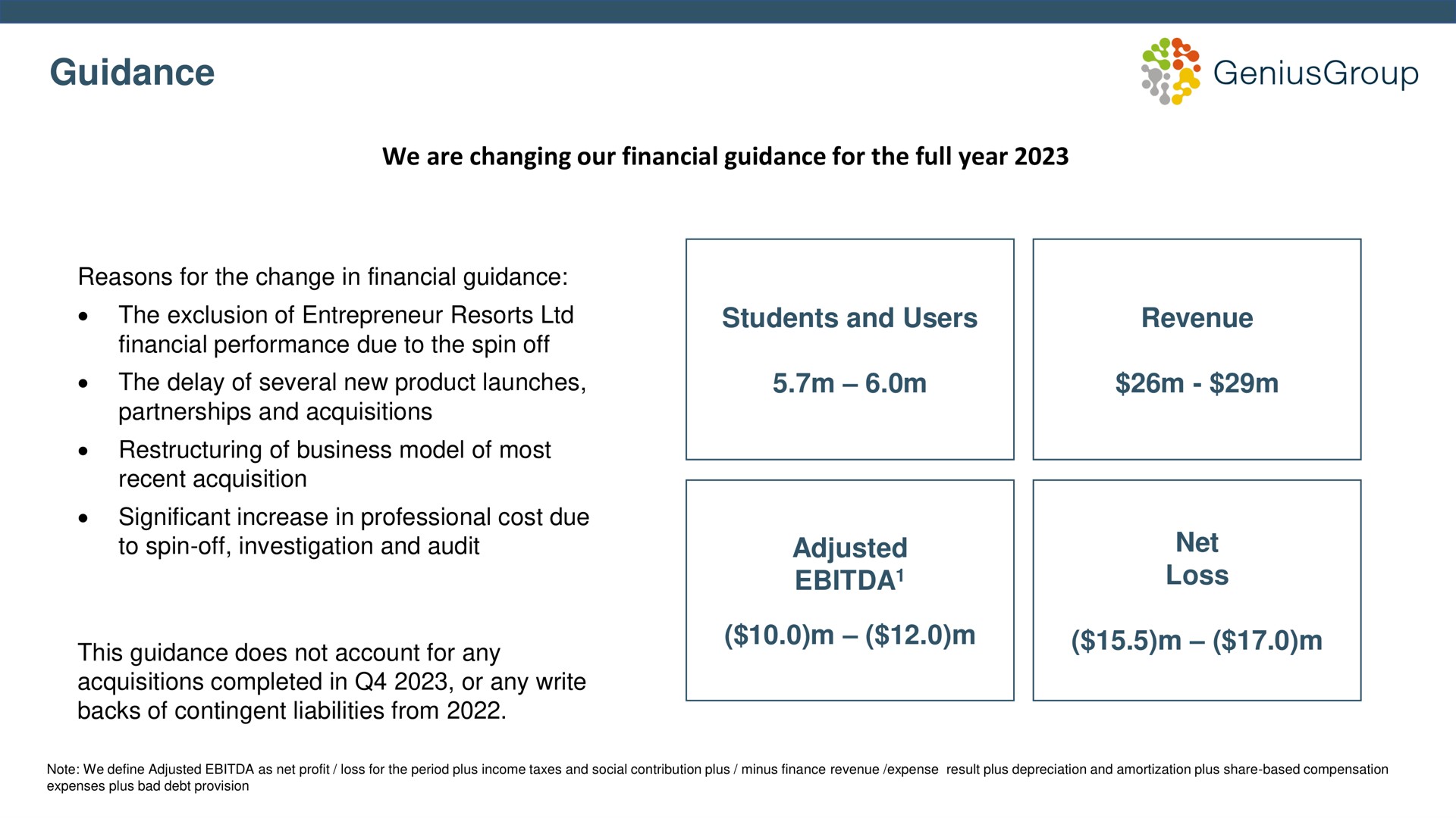 guidance we are changing our financial guidance for the full year students and users revenue adjusted net loss che | Genius Group