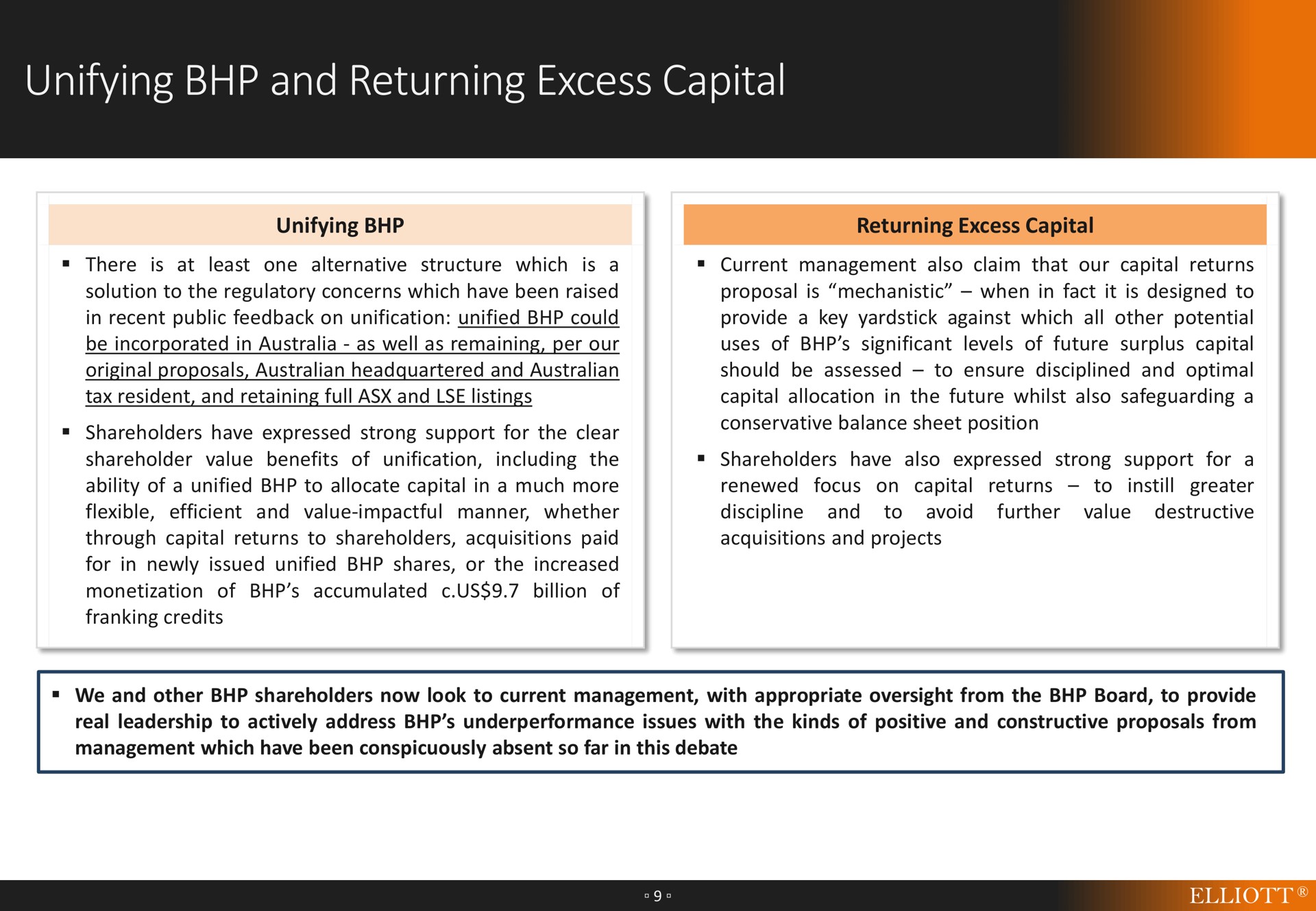 unifying and returning excess capital | Elliott Management
