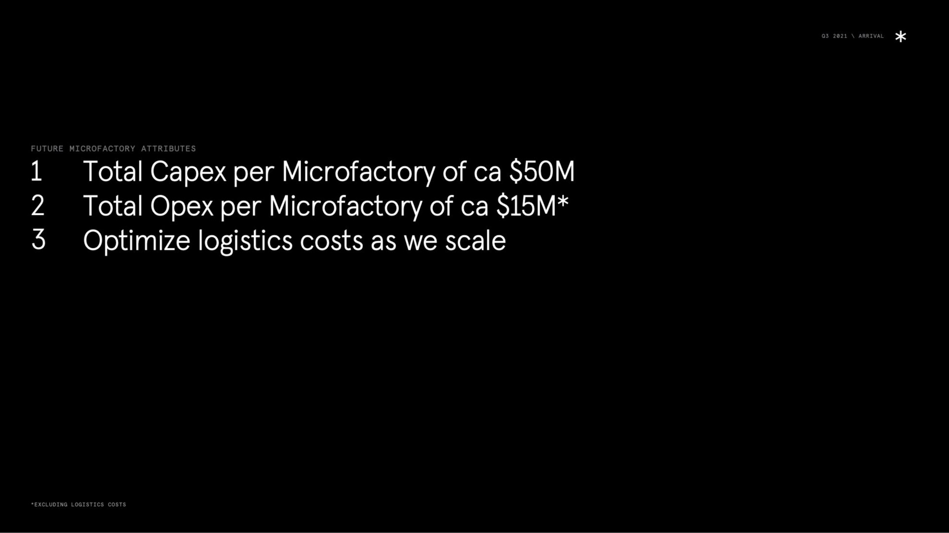 per of total per of optimize logistics costs as we scale | Arrival