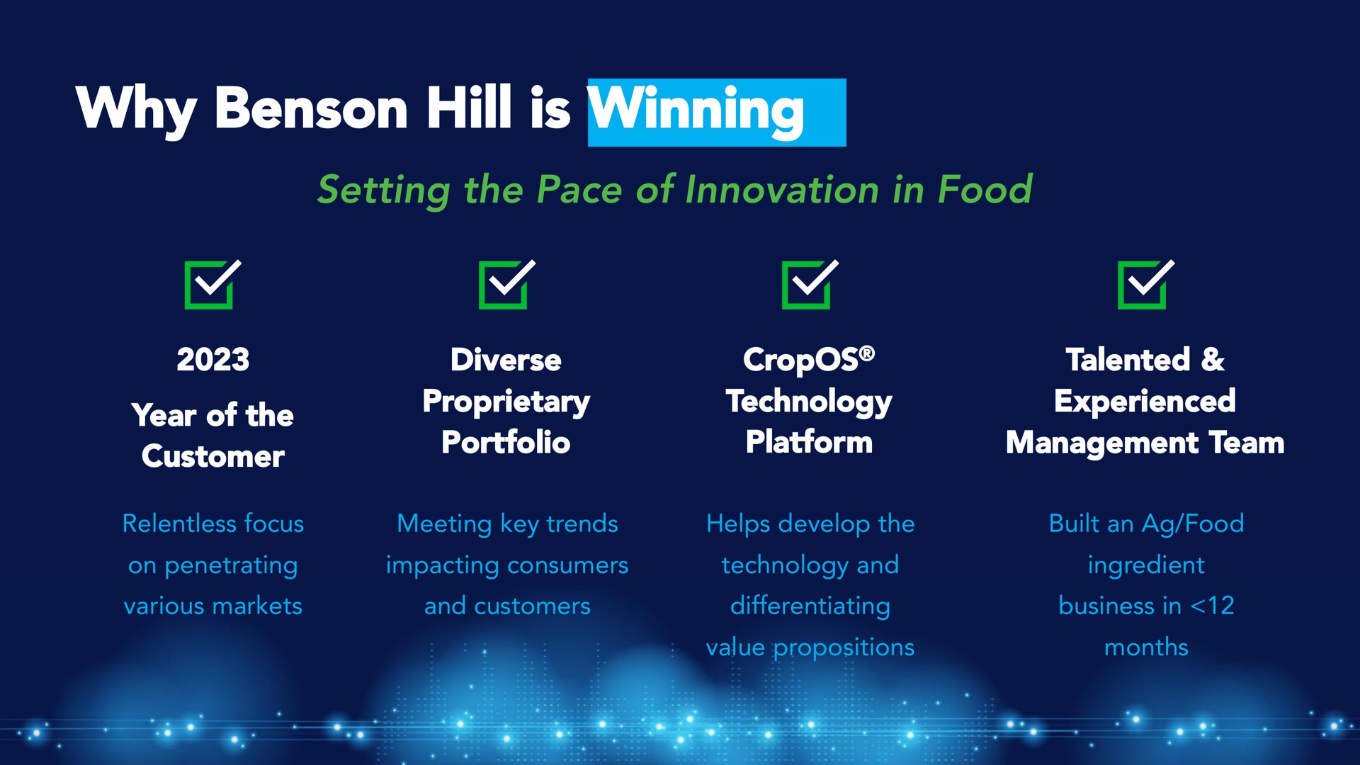 why hill is winning setting the pace of innovation in food year of the customer diverse proprietary portfolio technology platform talented experienced management team relentless focus meeting key trends helps develop the built an food on penetrating impacting consumers technology and ingredient various markets and customers differentiating business in value propositions months am | Benson Hill