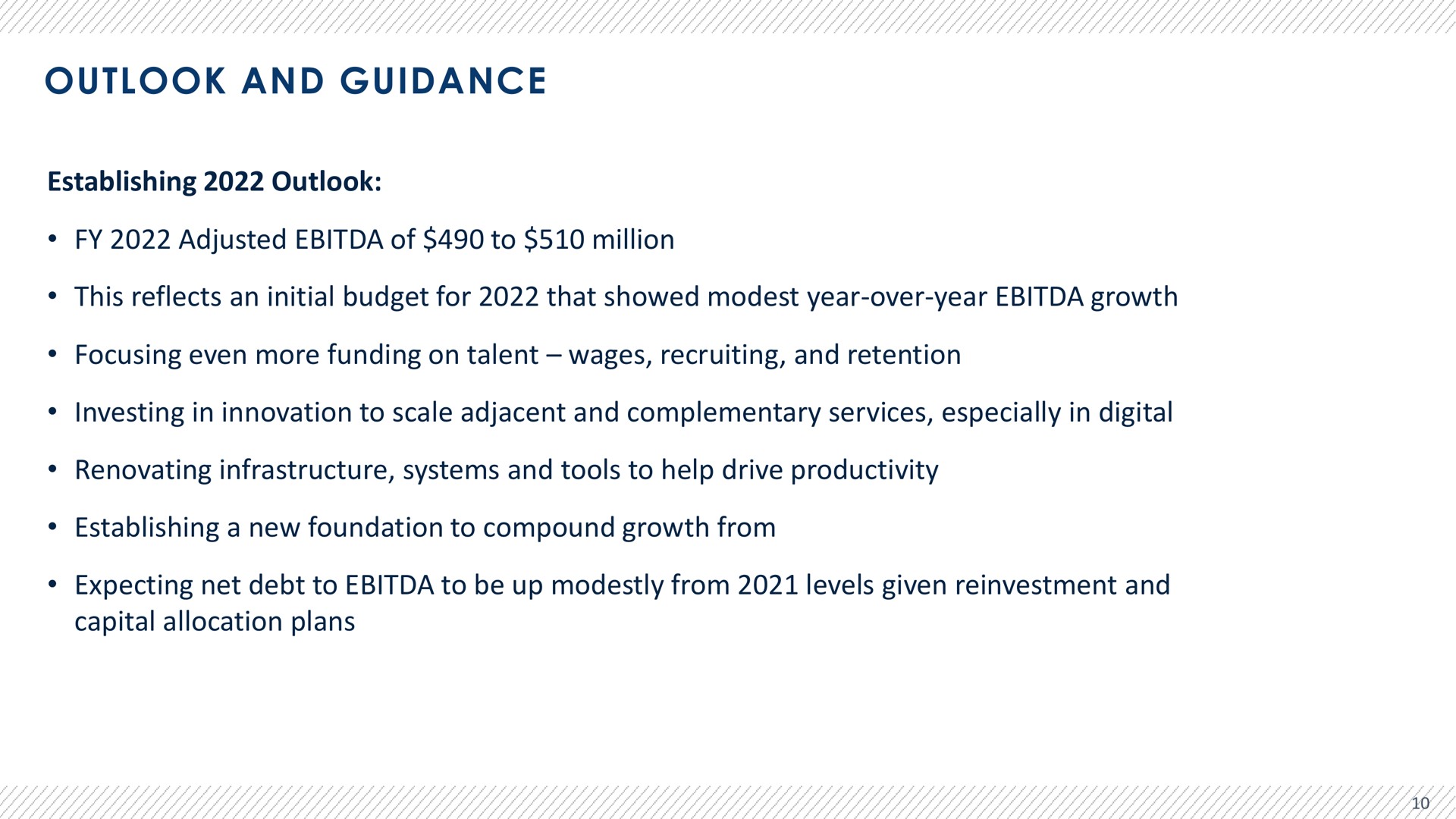 outlook and guidance establishing outlook adjusted of to million this reflects an initial budget for that showed modest year over year growth focusing even more funding on talent wages recruiting and retention investing in innovation to scale adjacent and complementary services especially in digital renovating infrastructure systems and tools to help drive productivity establishing a new foundation to compound growth from expecting net debt to to be up modestly from levels given reinvestment and capital allocation plans | Advantage Solutions