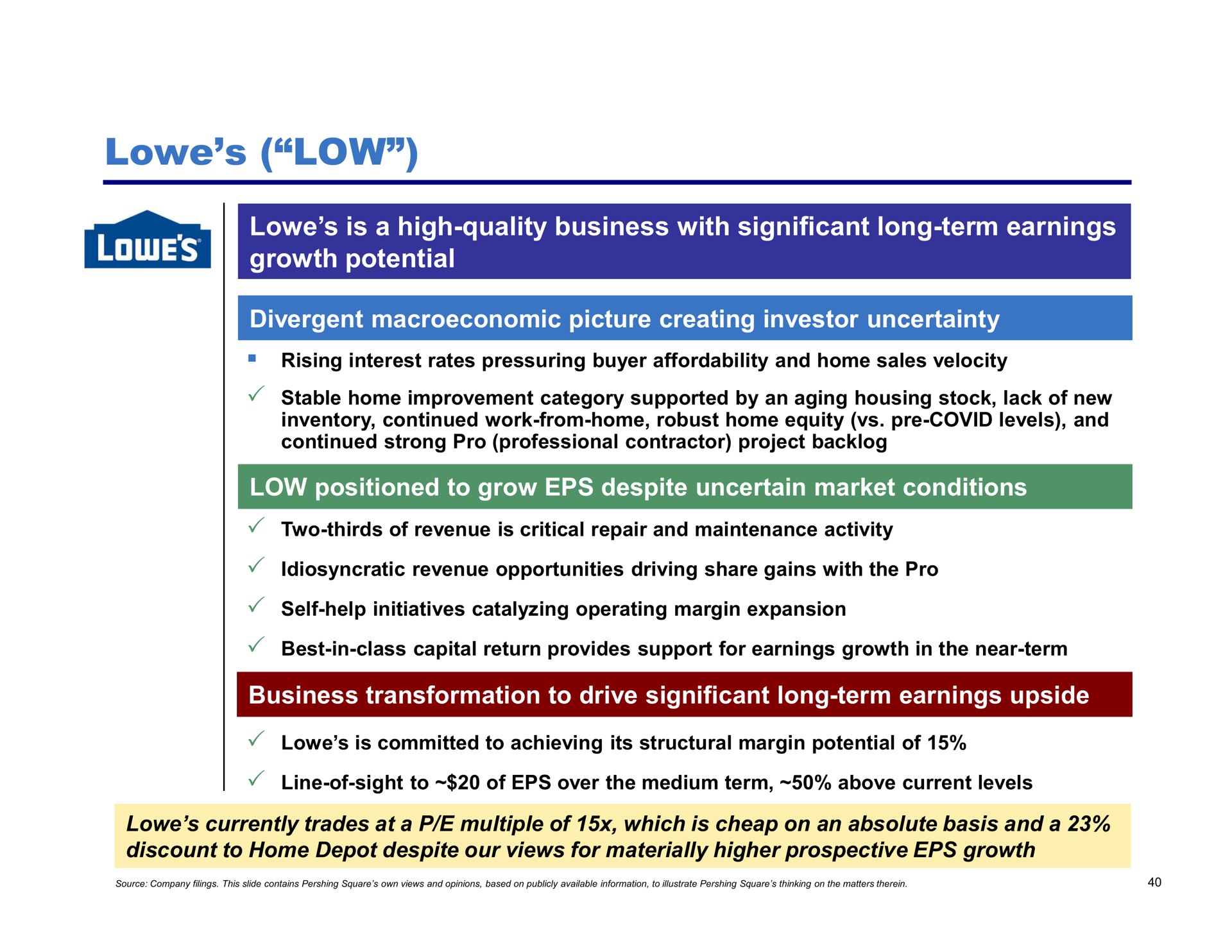 low is a high quality business with significant long term earnings growth potential divergent picture creating investor uncertainty low positioned to grow despite uncertain market conditions business transformation to drive significant long term earnings upside | Pershing Square