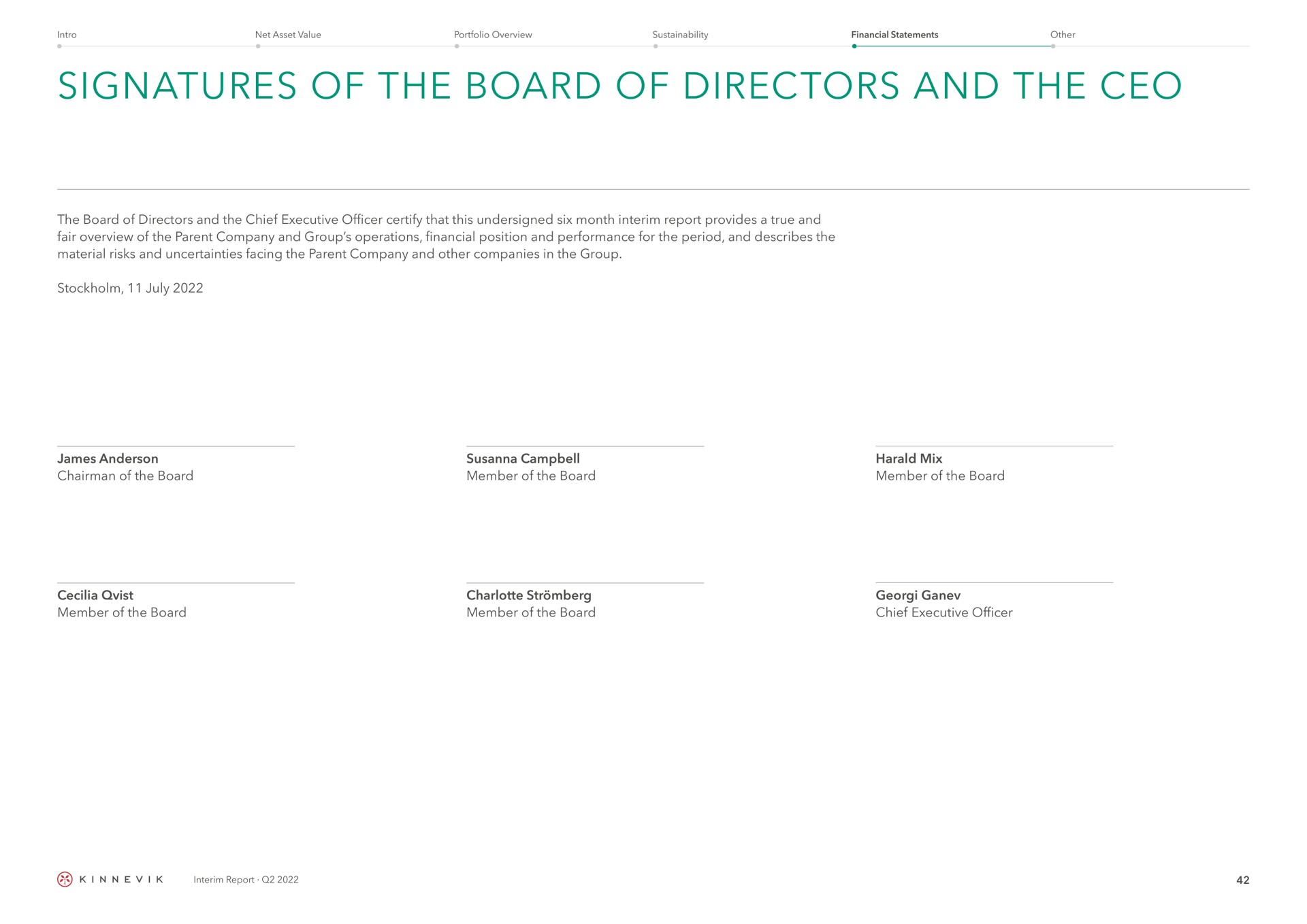 signatures of the board of directors and the the board of directors and the chief executive officer certify that this undersigned six month interim report provides a true and fair overview of the parent company and group operations financial position and performance for the period and describes the material risks and uncertainties facing the parent company and other companies in the group james chairman of the board member of the board mix member of the board member of the board member of the board chief executive officer | Kinnevik