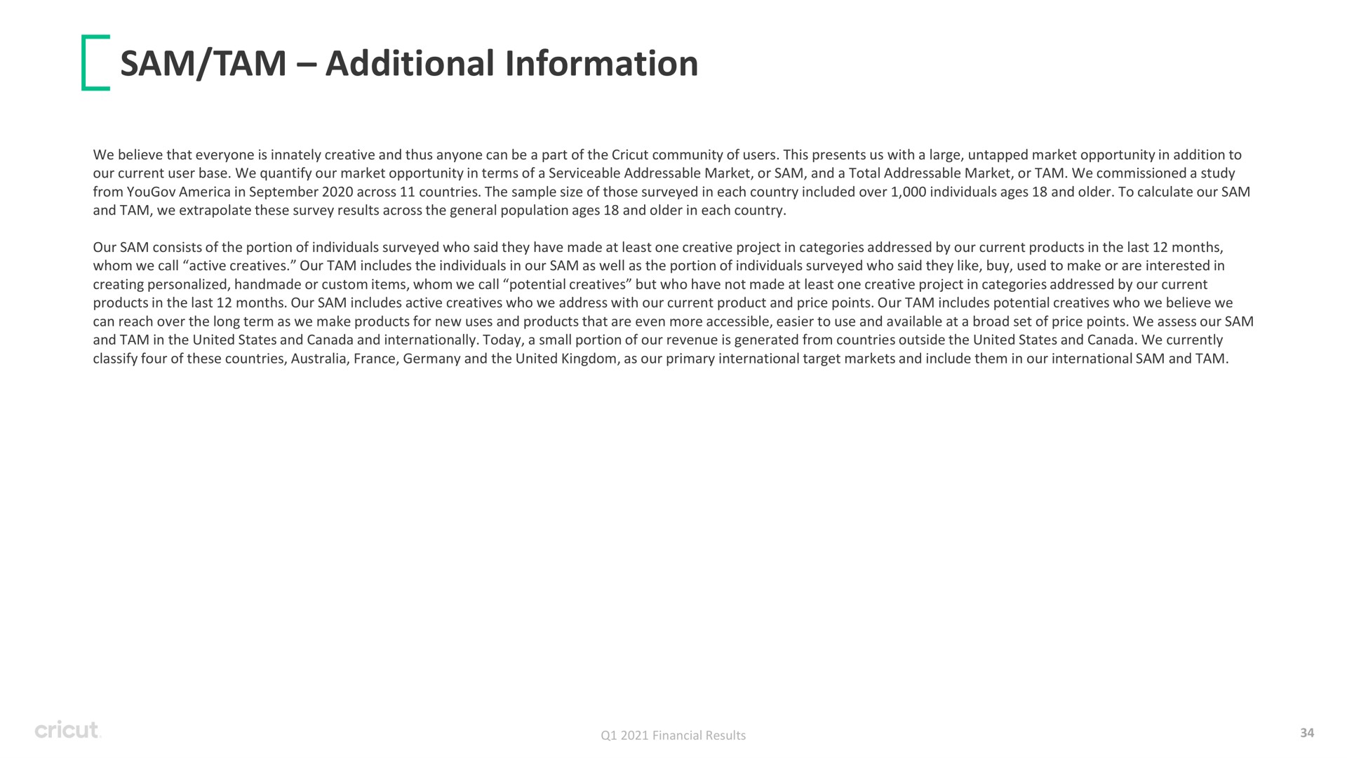 sam tam additional information i we believe that everyone is innately creative and thus anyone can be a part of the community of users this presents us with a large untapped market opportunity in addition to our current user base we quantify our market opportunity in terms of a serviceable market or and a total market or we commissioned a study from in across countries the sample size of those surveyed in each country included over individuals ages and older to calculate our and we extrapolate these survey results across the general population ages and older in each country our consists of the portion of individuals surveyed who said they have made at least one creative project in categories addressed by our current products in the last months whom we call active our includes the individuals in our as well as the portion of individuals surveyed who said they like buy used to make or are interested in creating personalized handmade or custom items whom we call potential but who have not made at least one creative project in categories addressed by our current products in the last months our includes active who we address with our current product and price points our includes potential who we believe we can reach over the long term as we make products for new uses and products that are even more accessible easier to use and available at a broad set of price points we assess our and in the united states and canada and internationally today a small portion of our revenue is generated from countries outside the united states and canada we currently four of these countries and the united kingdom as our primary international target markets and include them in our international and | Circut