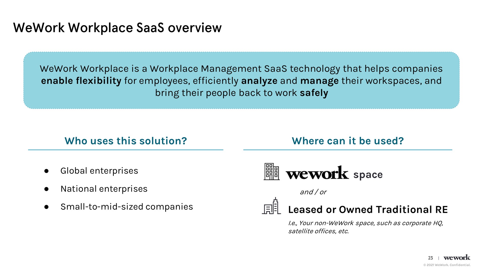 workplace is a workplace management technology that helps companies enable flexibility for employees efficiently analyze and manage their and bring their people back to work safely who uses this solution where can it be used global enterprises national enterprises small to mid sized companies space leased or owned traditional overview | WeWork