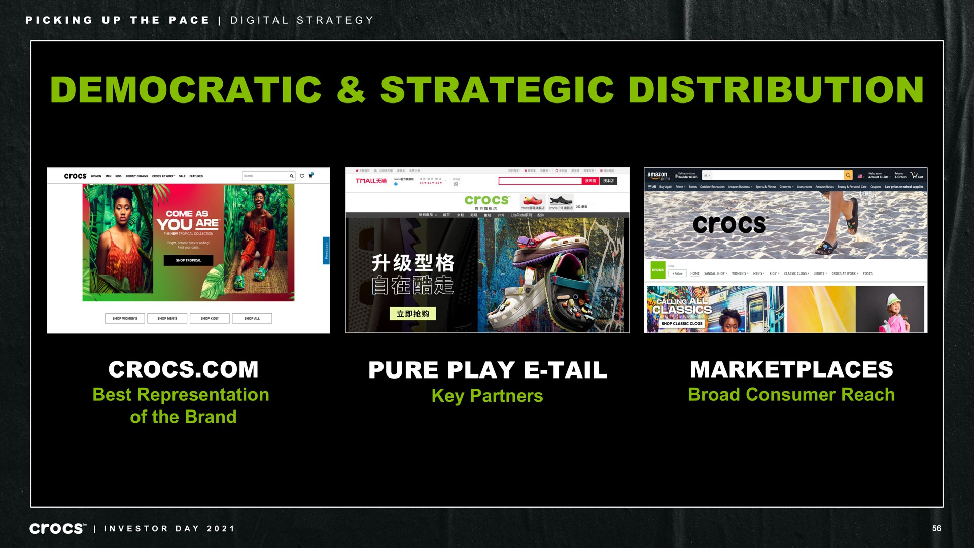 democratic strategic distribution best representation of the brand pure play tail key partners broad consumer reach picking up pace digital strategy a reel or lata investor day | Crocs