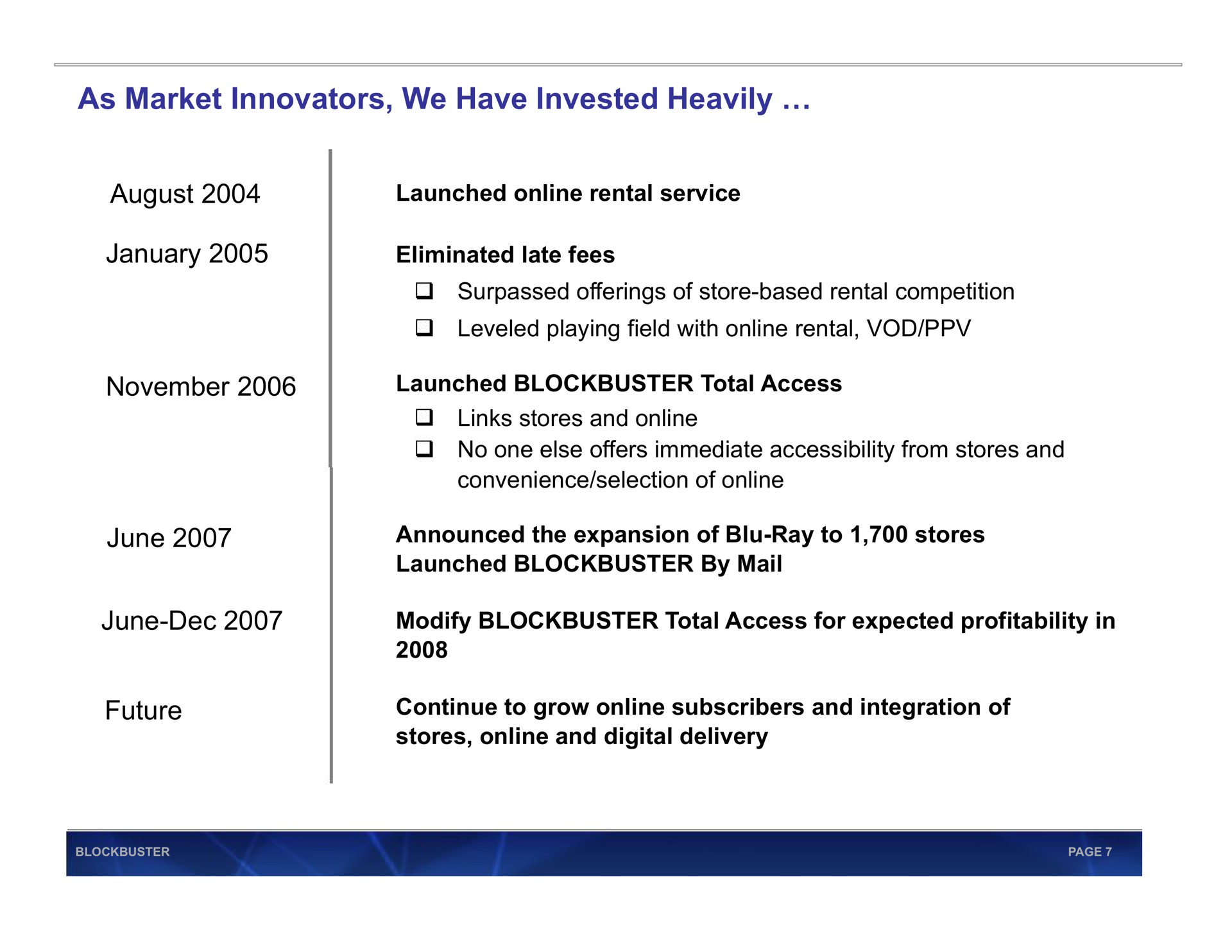 as market innovators we have invested heavily august june june future launched rental service eliminated late fees surpassed offerings of store based rental competition modify blockbuster total access for expected profitability in stores and digital delivery | Blockbuster Video