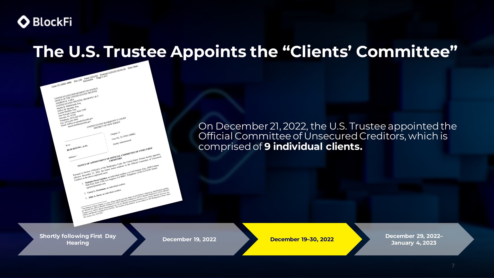 the trustee appoints the clients committee on the trustee appointed the official committee of unsecured creditors which is comprised of individual clients | BlockFi