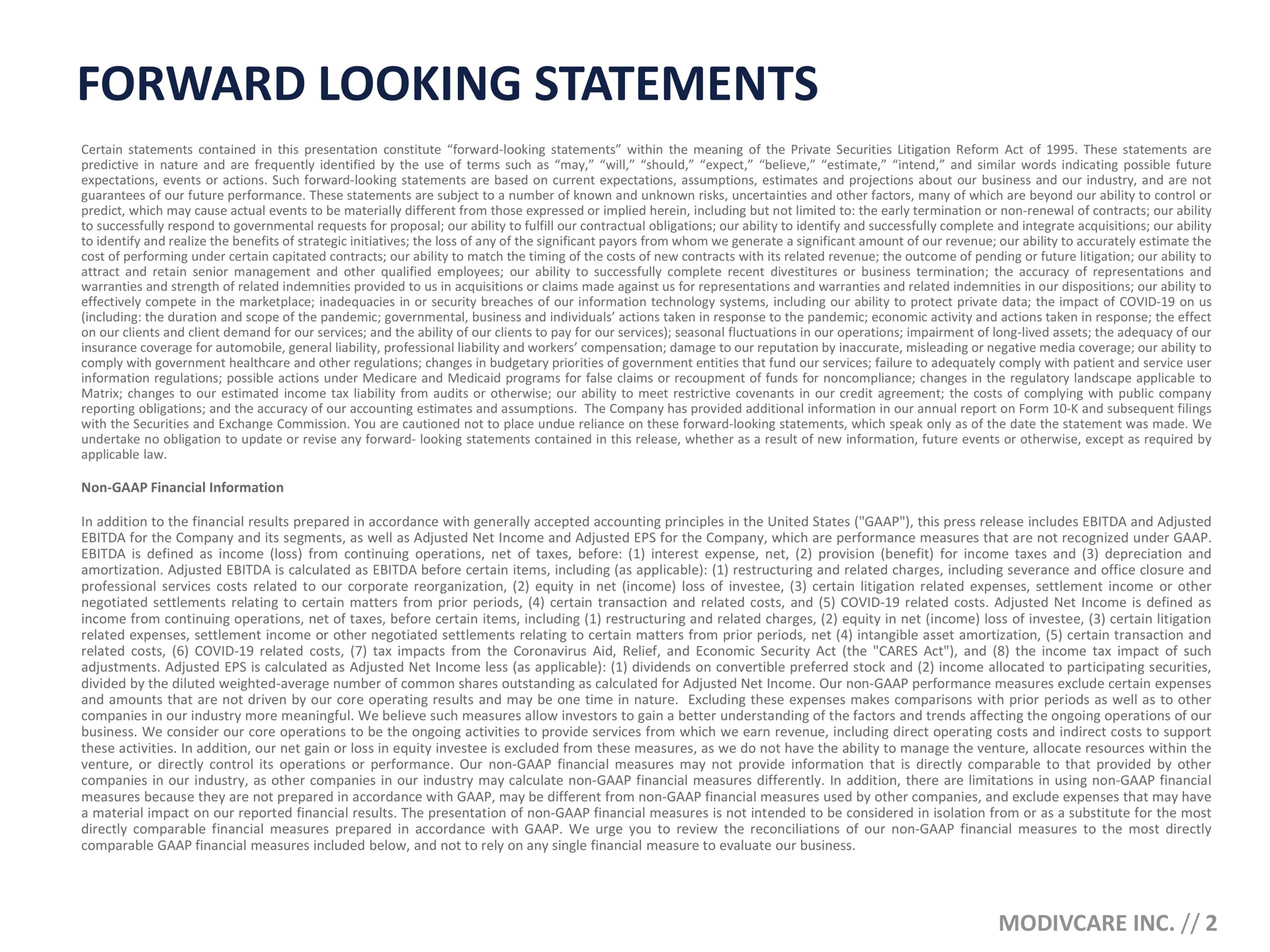 forward looking statements | ModivCare