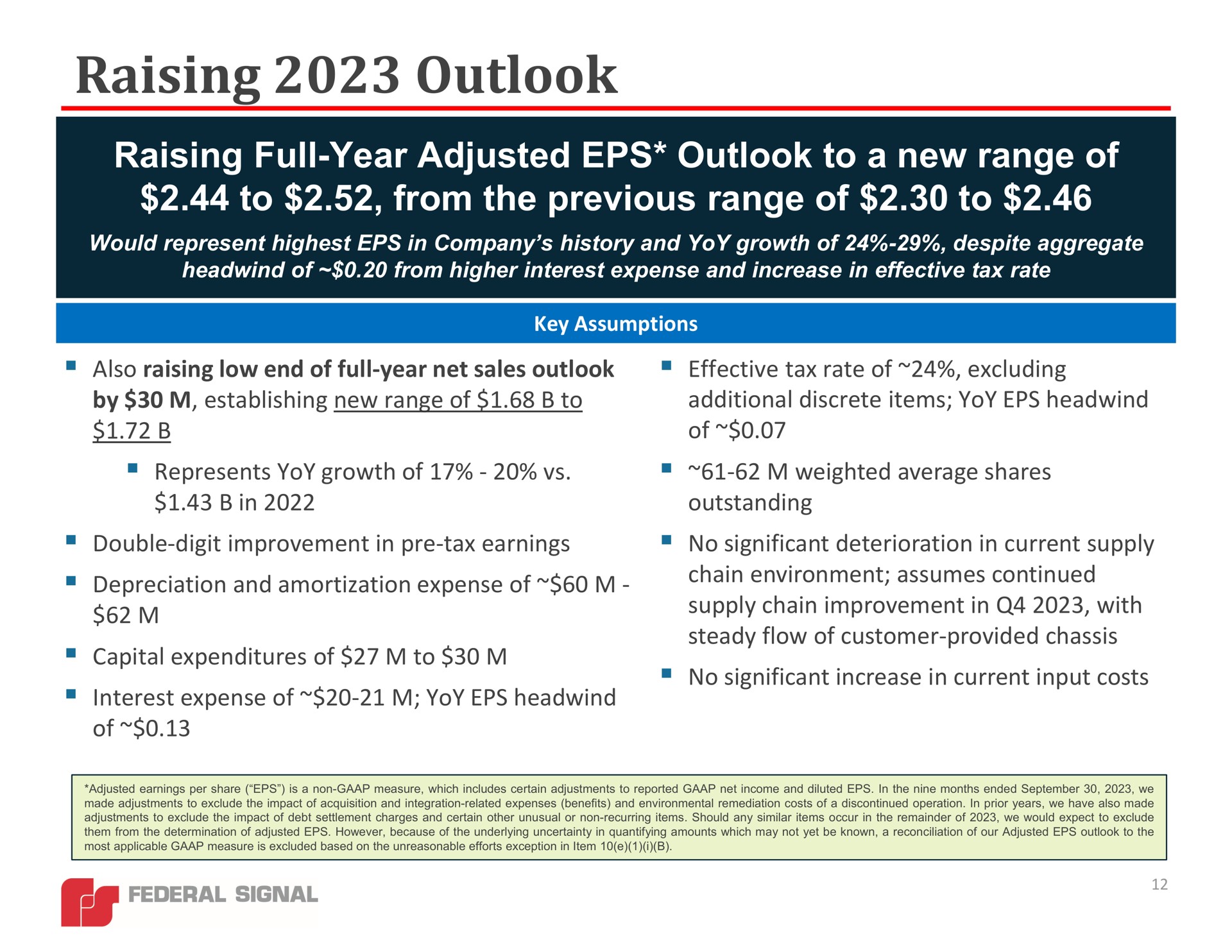raising outlook raising full year adjusted outlook to a new range of to from the previous range of to | Federal Signal