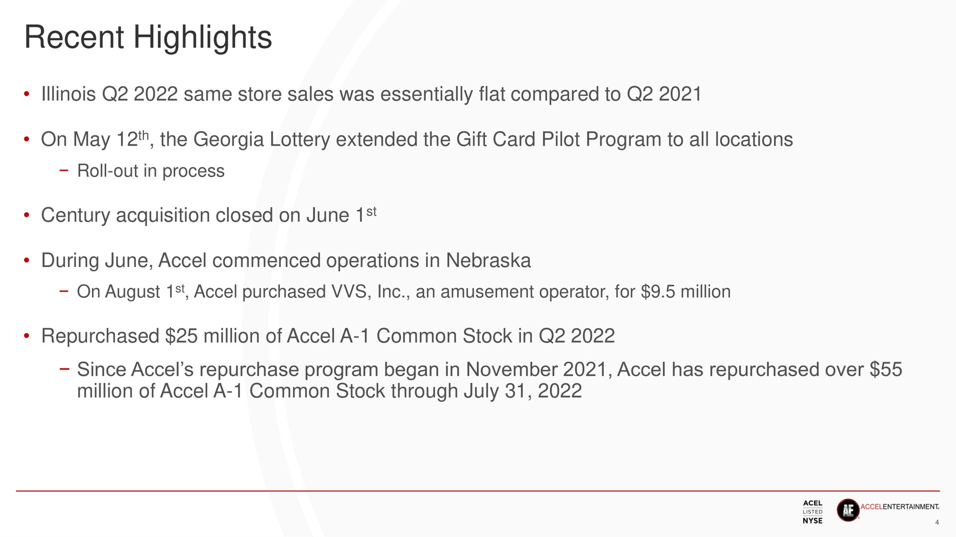 recent highlights same store sales was essentially flat compared to on may the lottery extended the gift card pilot program to all locations roll out in process century acquisition closed on june during june commenced operations in on august purchased an amusement operator for million repurchased million of a common stock in since repurchase program began in has repurchased over million of a common stock through | Accel Entertaiment