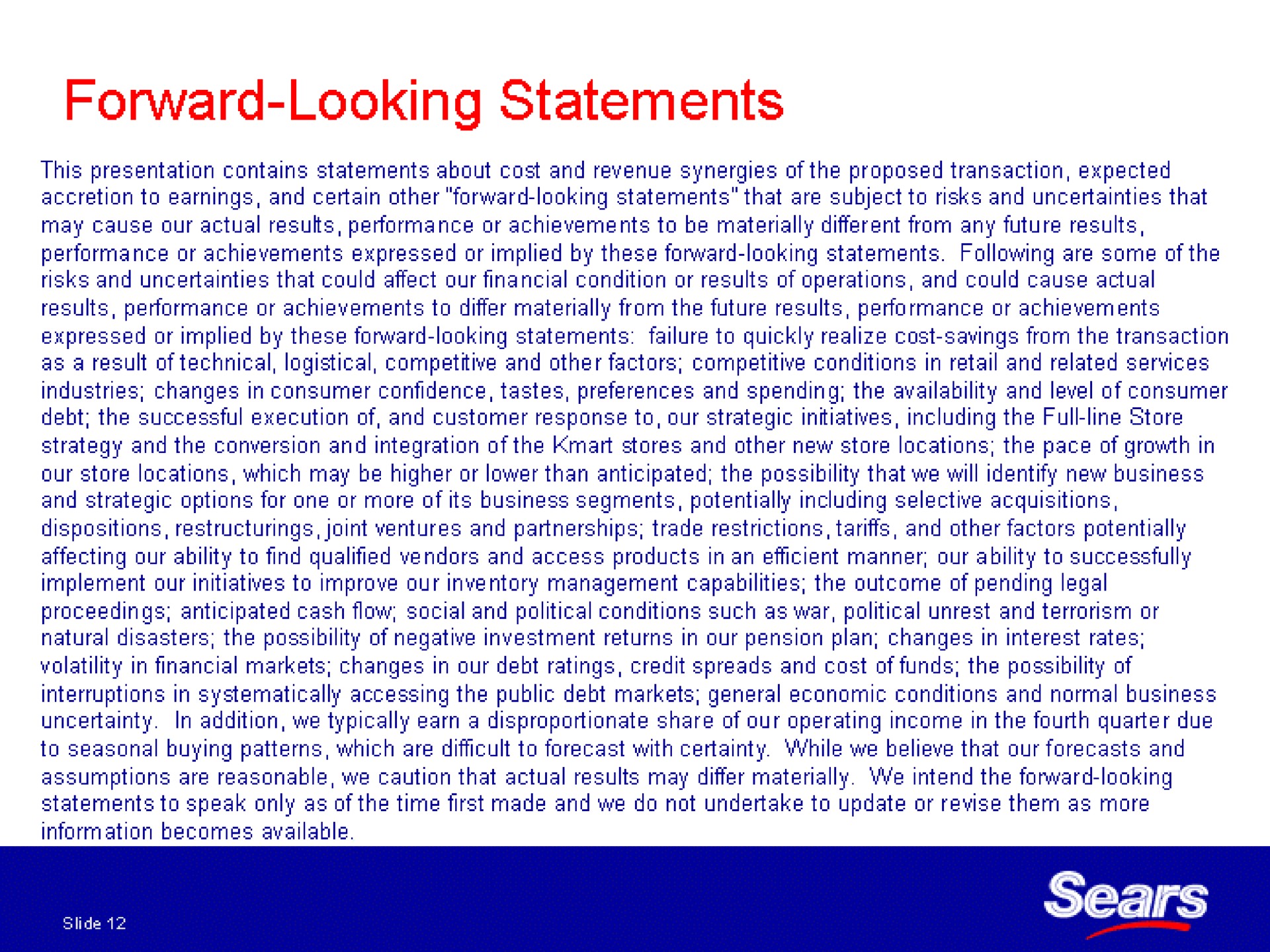 forward looking statements | Sears