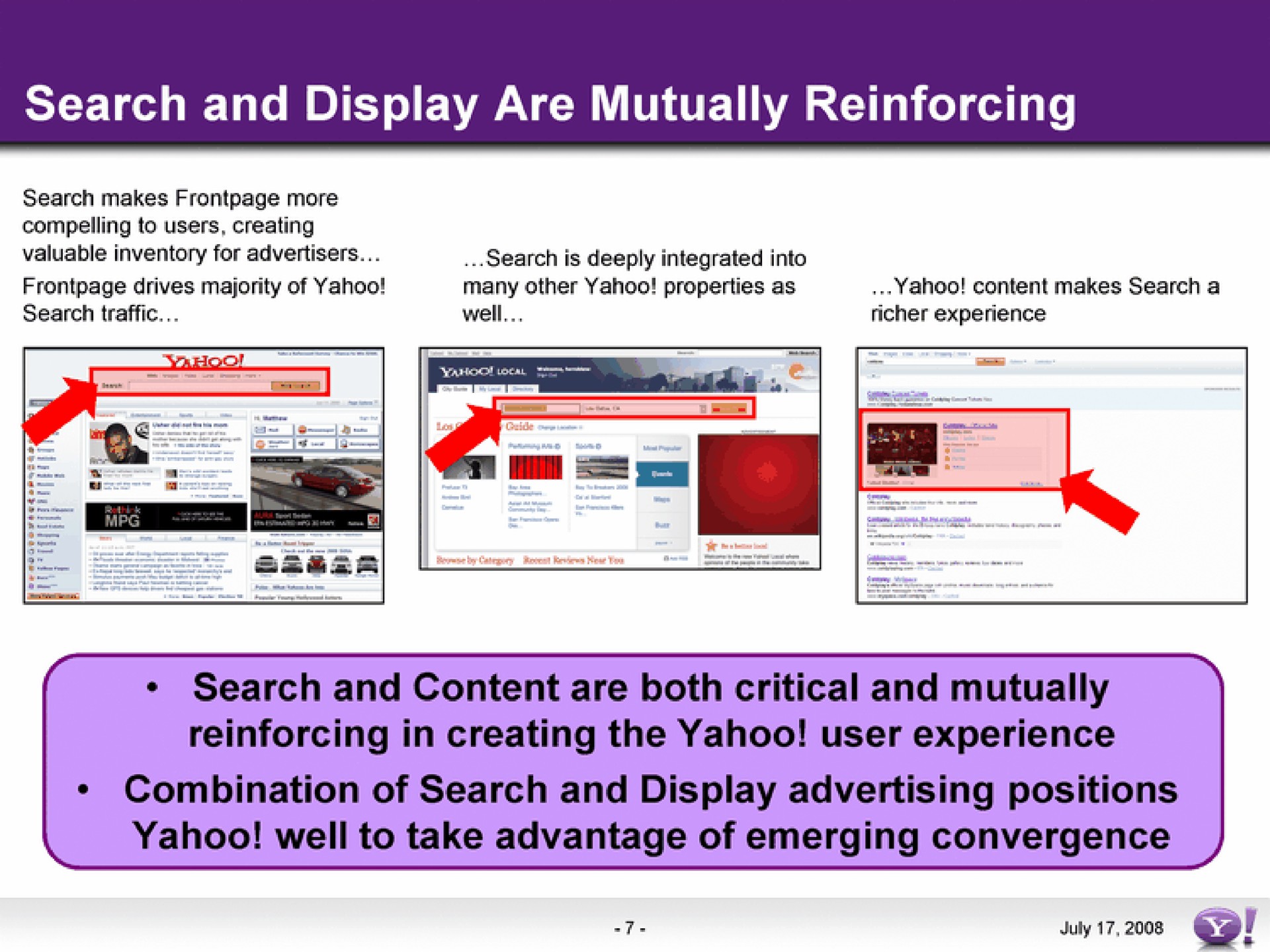 search and display are mutually reinforcing reinforcing in creating the yahoo user experience yahoo well to take advantage of emerging convergence combination of search and display advertising positions | Yahoo