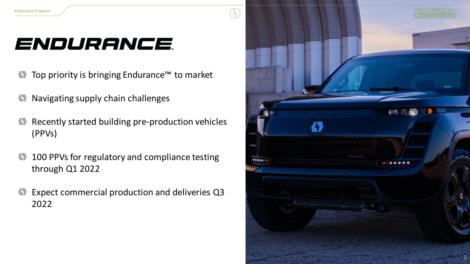 top priority is bringing endurance to market navigating supply chain challenges recently started building production vehicles for regulatory and compliance testing through expect commercial production and deliveries | Lordstown Motors