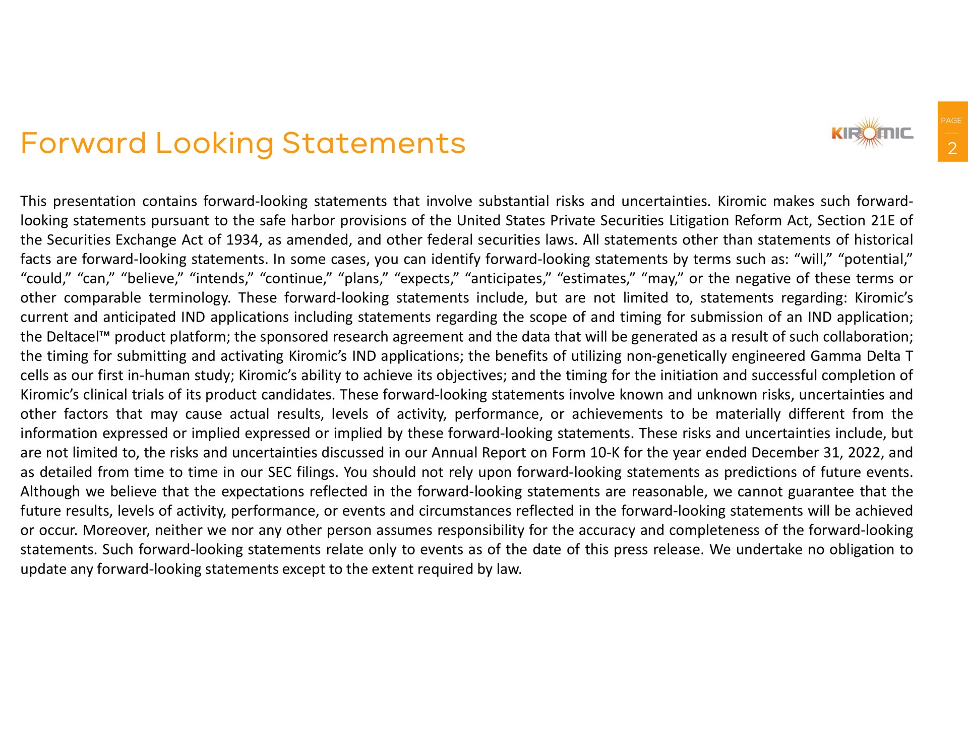 forward looking statements | Kiromic BioPharma