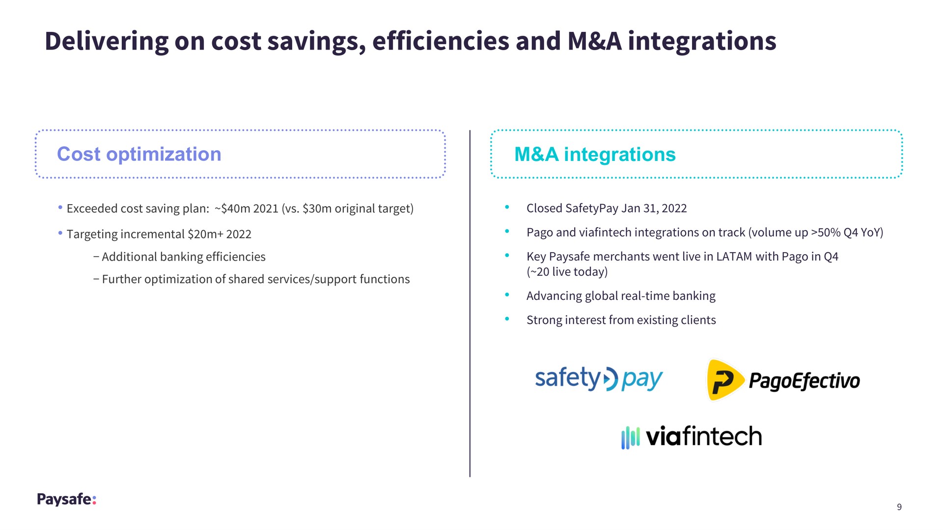 delivering on cost savings efficiencies and a integrations safety pay | Paysafe