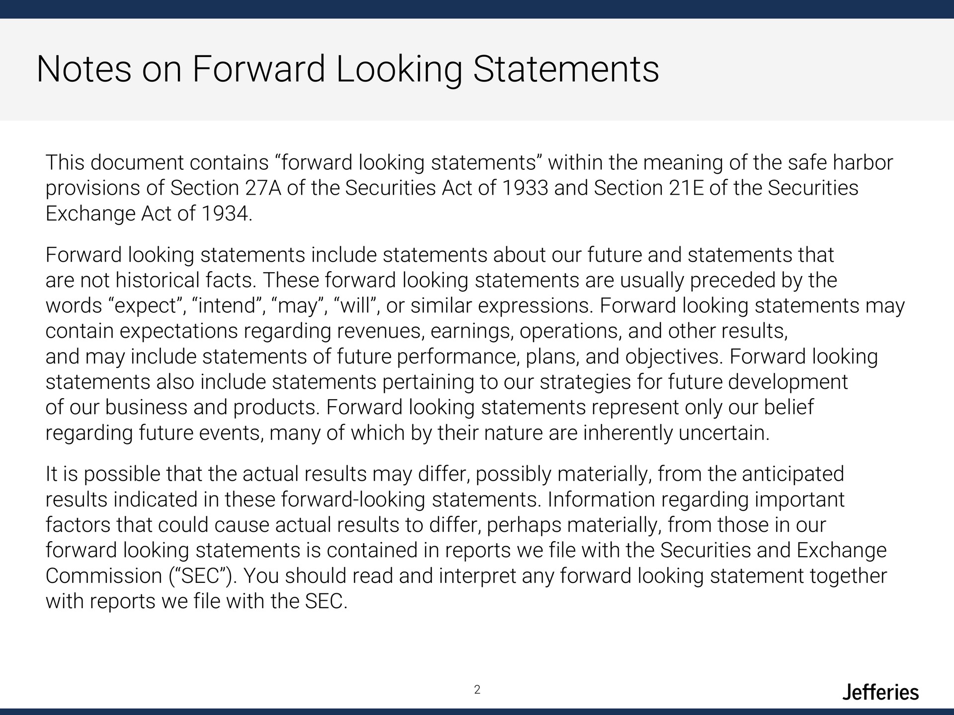 notes on forward looking statements | Jefferies Financial Group
