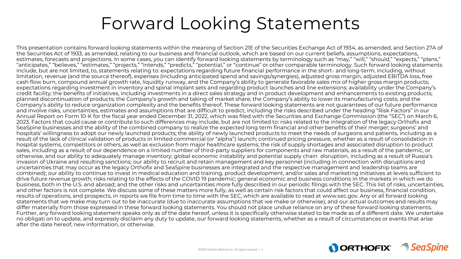 forward looking statements | Orthofix