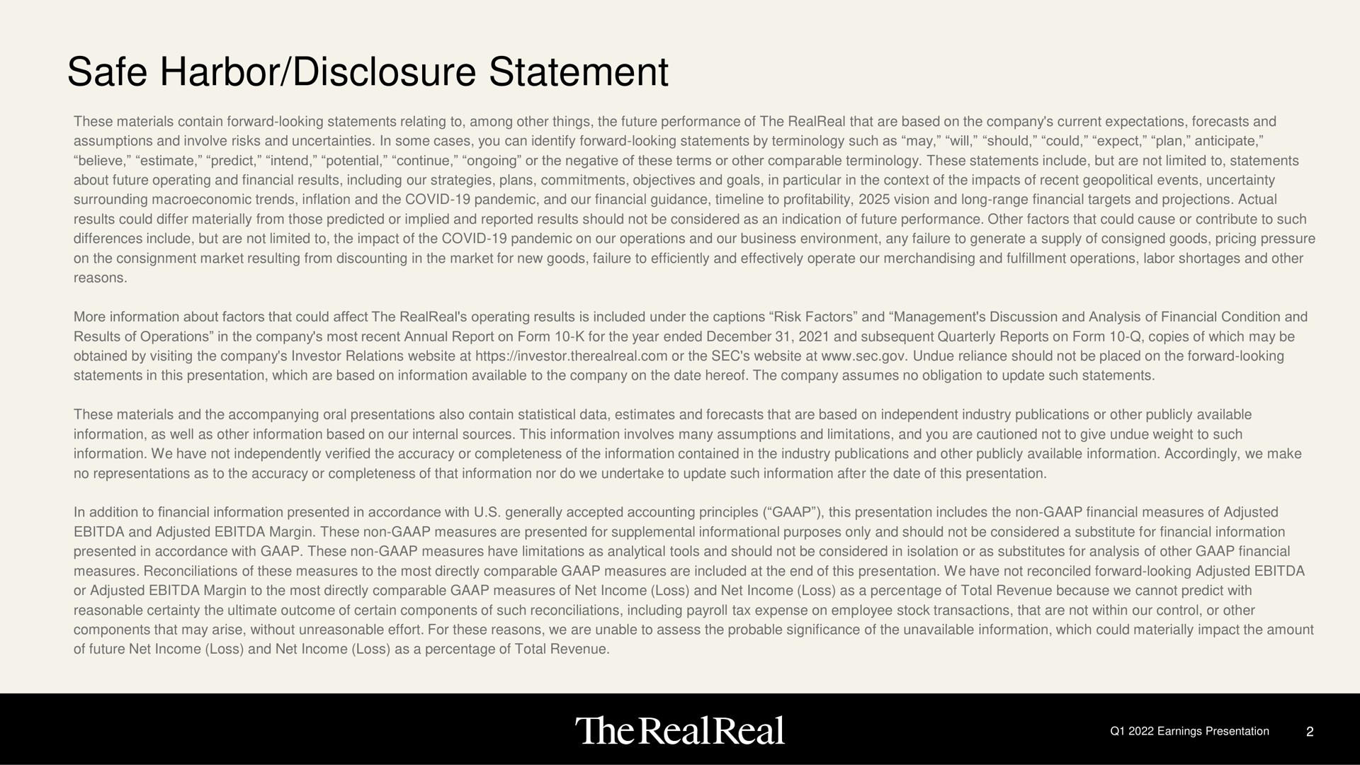safe harbor disclosure statement | The RealReal