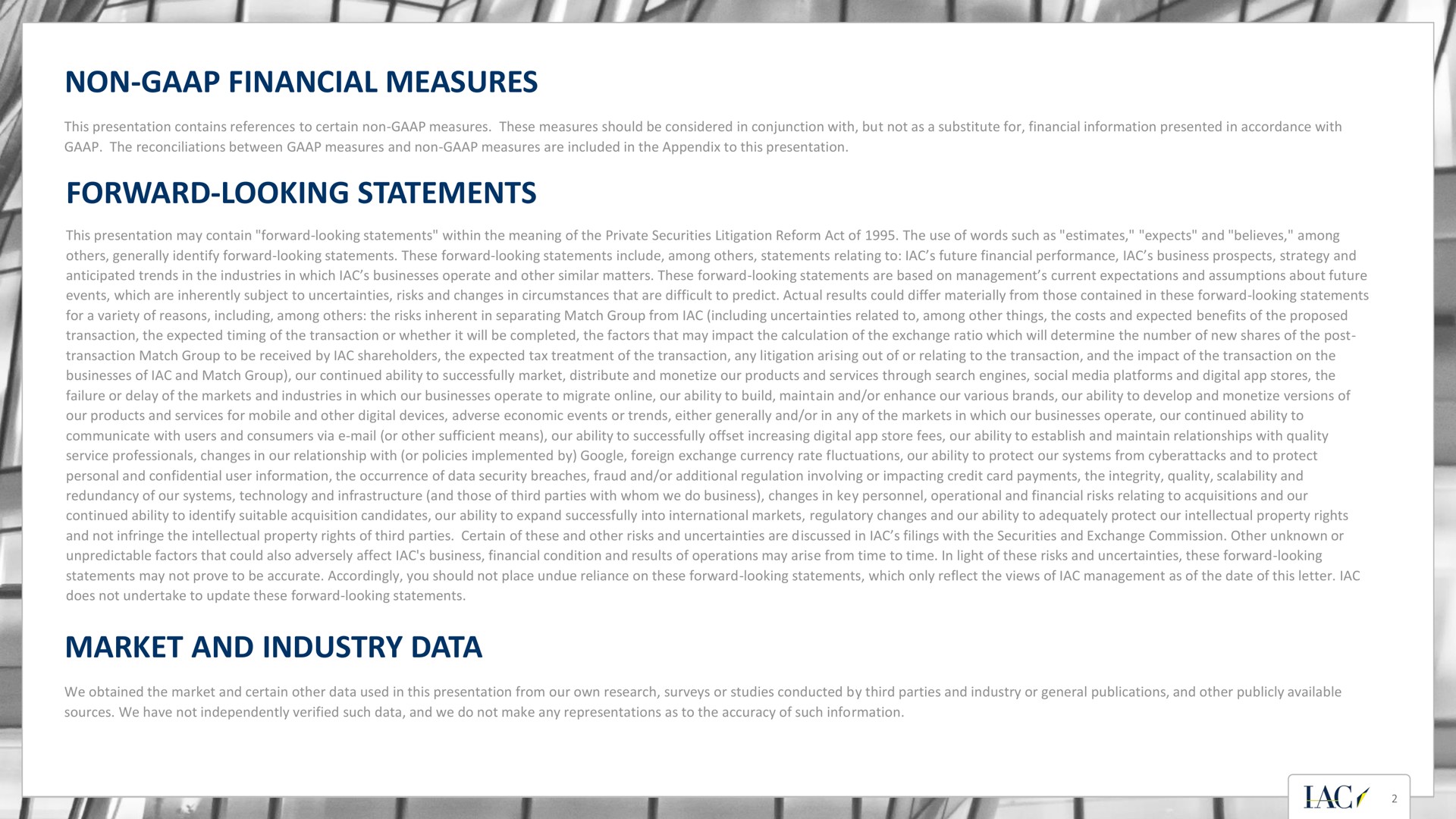 non financial measures forward looking statements market and industry data a | IAC