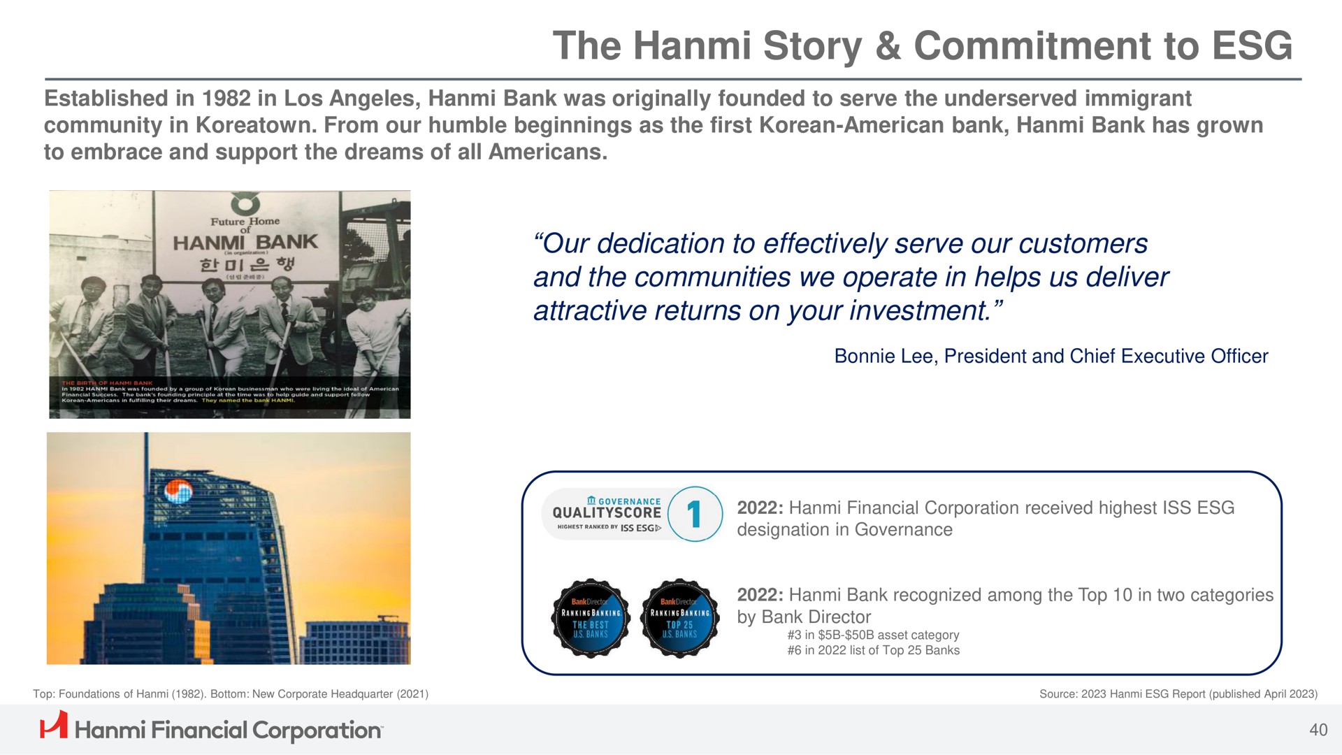 the story commitment to our dedication to effectively serve our customers and the communities we operate in helps us deliver attractive returns on your investment bank a financial corporation | Hanmi Financial