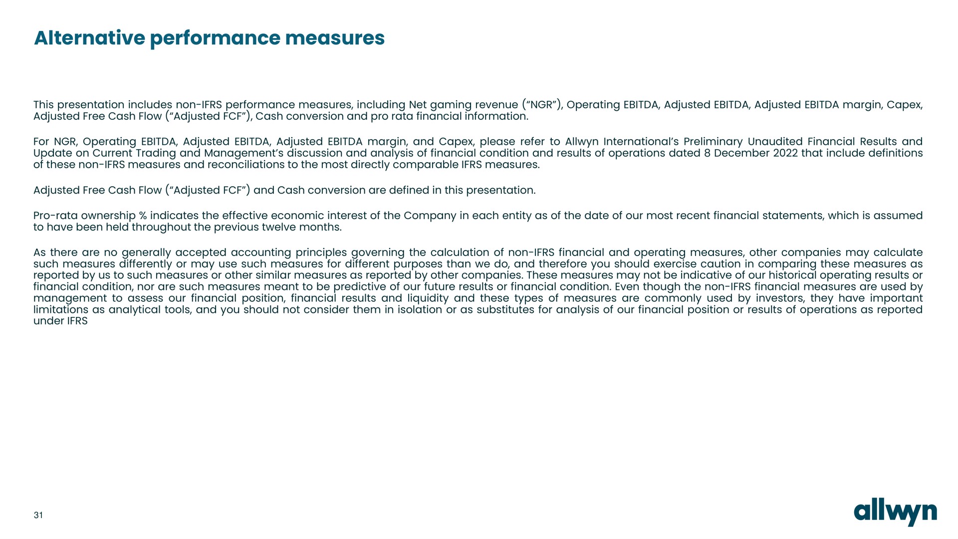 alternative performance measures | Allwyn