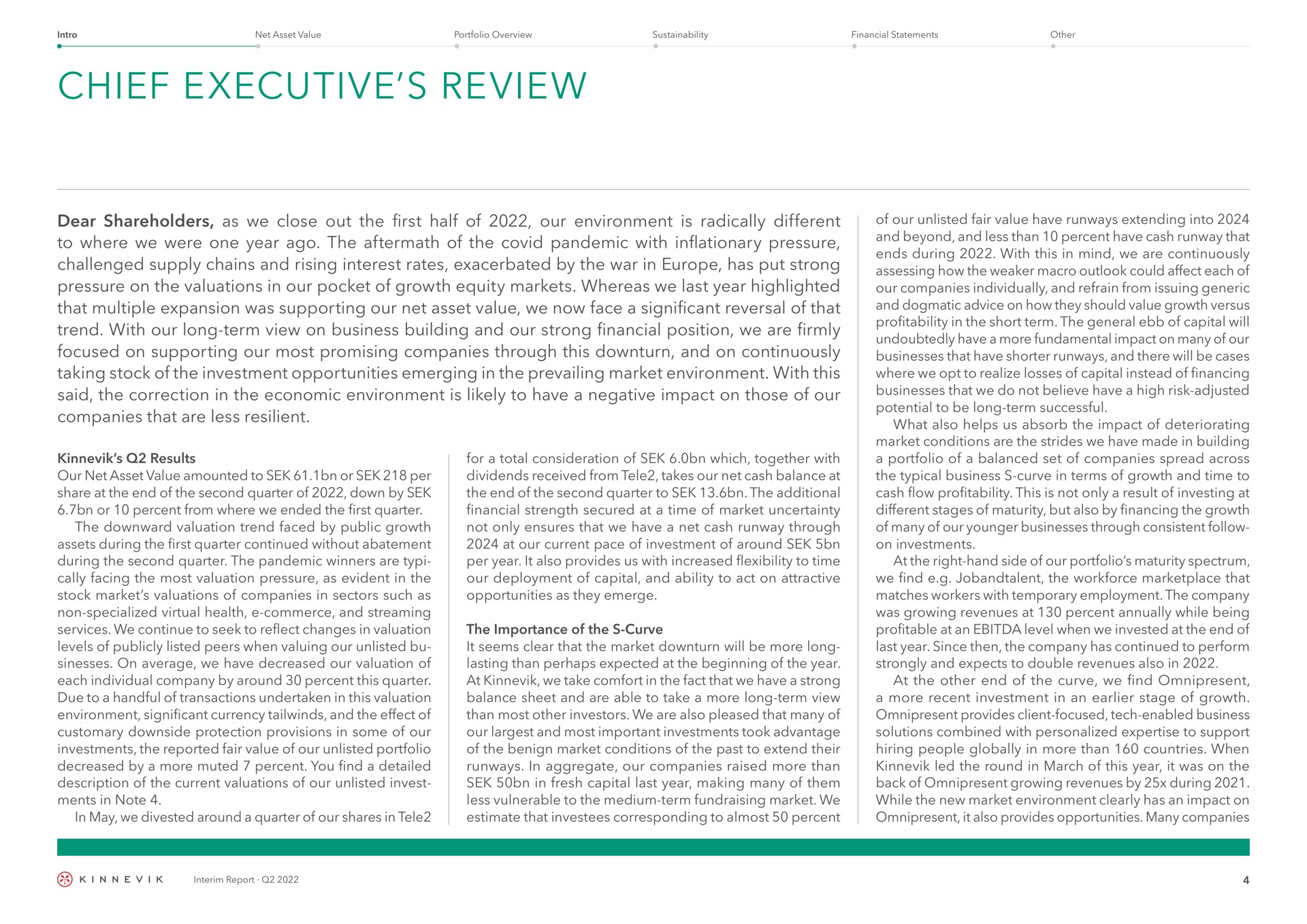 chief executive review dear shareholders as we close out the first half of our environment is radically different to where we were one year ago the aftermath of the covid pandemic with inflationary pressure challenged supply chains and rising interest rates exacerbated by the war in has put strong pressure on the valuations in our pocket of growth equity markets whereas we last year highlighted that multiple expansion was supporting our net asset value we now face a significant reversal of that trend with our long term view on business building and our strong financial position we are firmly focused on supporting our most promising companies through this downturn and on continuously taking stock of the investment opportunities emerging in the prevailing market environment with this said the correction in the economic environment is likely to have a negative impact on those of our companies that are less resilient results our net asset value amounted to or per share at the end of the second quarter of down by or percent from where we ended the first quarter the downward valuation trend faced by public growth assets during the first quarter continued without abatement during the second quarter the pandemic winners are facing the most valuation pressure as evident in the stock market valuations of companies in sectors such as non specialized virtual health commerce and streaming services we continue to seek to reflect changes in valuation levels of publicly listed peers when valuing our unlisted sinesses on average we have decreased our valuation of each individual company by around percent this quarter due to a handful of transactions undertaken in this valuation environment significant currency and the effect of customary downside protection provisions in some of our investments the reported fair value of our unlisted portfolio decreased by a more muted percent you find a detailed description of the current valuations of our unlisted invest in note in may we divested around a quarter of our shares in tele for a total consideration of which together with dividends received from tele takes our net cash balance at the end of the second quarter to the additional financial strength secured at a time of market uncertainty not only ensures that we have a net cash runway through at our current pace of investment of around per year it also provides us with increased flexibility to time our deployment of capital and ability to act on attractive opportunities as they emerge the importance of the curve it seems clear that the market downturn will be more long lasting than perhaps expected at the beginning of the year at we take comfort in the fact that we have a strong balance sheet and are able to take a more long term view than most other investors we are also pleased that many of our and most important investments took advantage of the benign market conditions of the past to extend their runways in aggregate our companies raised more than in fresh capital last year making many of them less vulnerable to the medium term market we estimate that corresponding to almost percent of our unlisted fair value have runways extending into and beyond and less than percent have cash runway that ends during with this in mind we are continuously assessing how the macro outlook could affect each of our companies individually and refrain from issuing generic and dogmatic advice on how they should value growth versus profitability in the short term the general ebb of capital will undoubtedly have a more fundamental impact on many of our businesses that have shorter runways and there will be cases where we opt to realize losses of capital instead of financing businesses that we do not believe have a high risk adjusted potential to be long term successful what also helps us absorb the impact of deteriorating market conditions are the strides we have made in building a portfolio of a balanced set of companies spread across the typical business curve in terms of growth and time to cash flow profitability this is not only a result of investing at different stages of maturity but also by financing the growth of many of our younger businesses through consistent follow on investments at the right hand side of our portfolio maturity spectrum we find the that matches workers with temporary employment the company was growing revenues at percent annually while being profitable at an level when we invested at the end of last year since then the company has continued to perform strongly and expects to double revenues also in at the other end of the curve we find omnipresent a more recent investment in an stage of growth omnipresent provides client focused tech enabled business solutions combined with personalized to support hiring people globally in more than countries when led the round in march of this year it was on the back of omnipresent growing revenues by during while the new market environment clearly has an impact on omnipresent it also provides opportunities many companies | Kinnevik