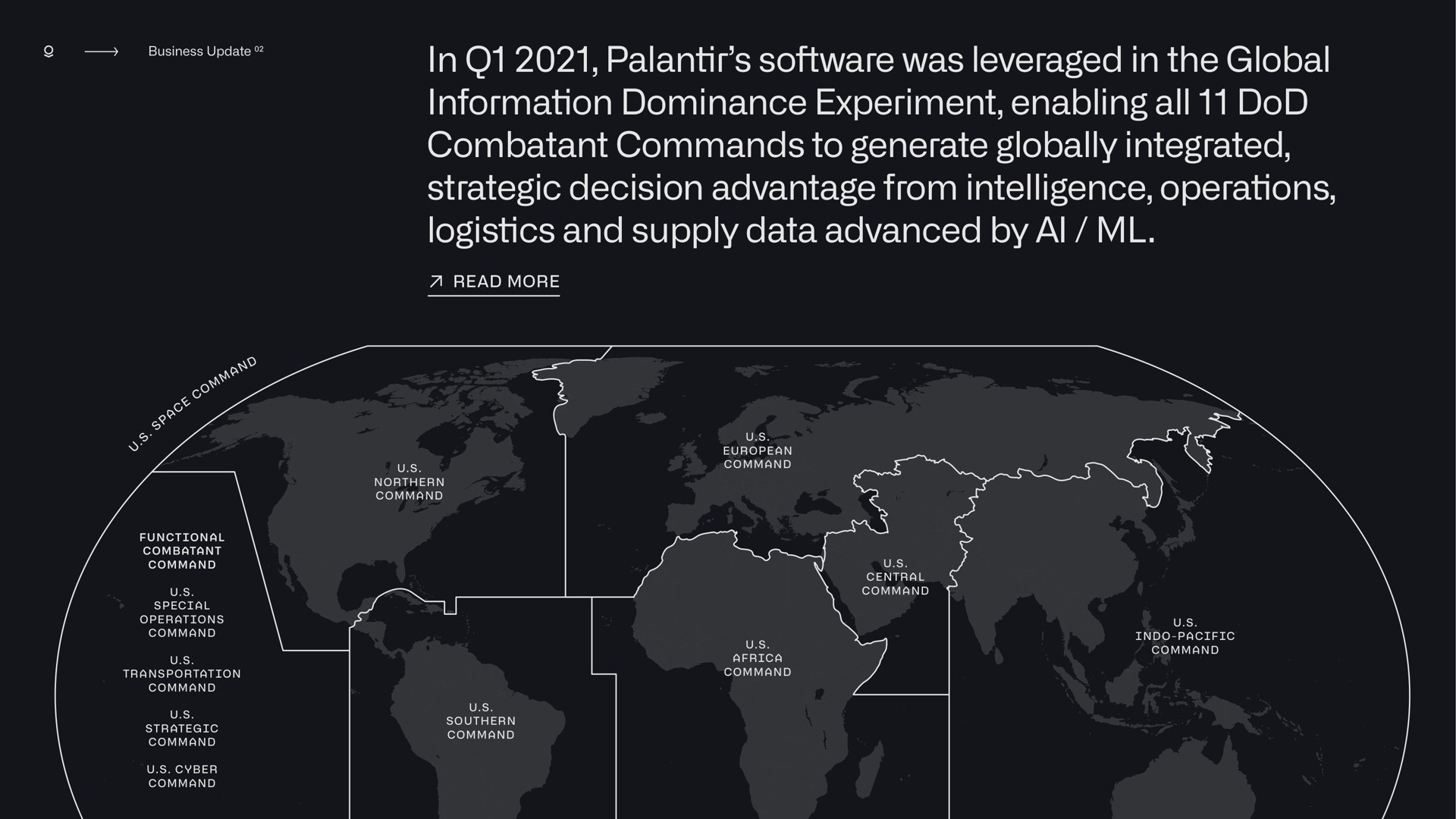 in was leveraged in the global information dominance experiment enabling all dod combatant commands to generate globally integrated strategic decision advantage from intelligence operations logistics and supply data advanced by | Palantir
