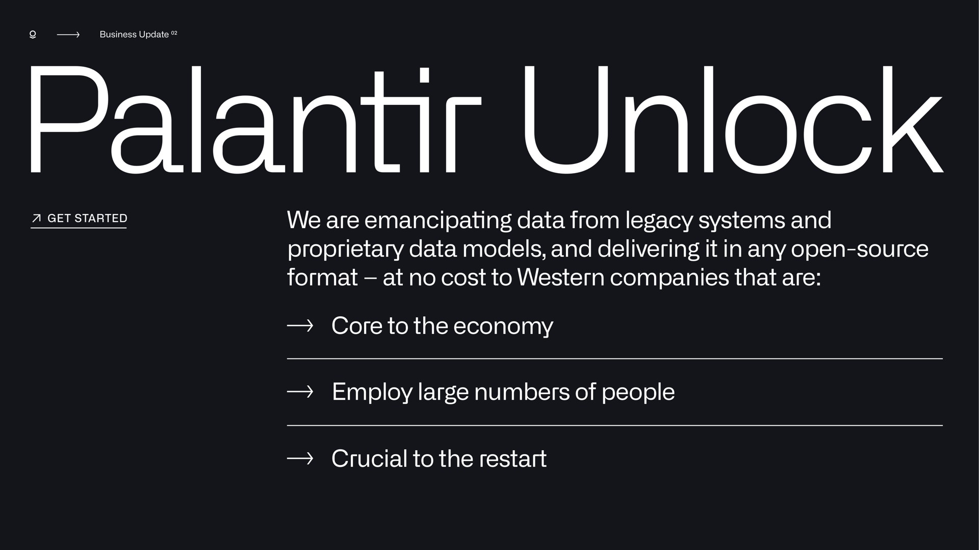we are emancipating data from legacy systems and proprietary data models and delivering it in any open source format at no cost to western companies that are the economy employ large numbers of people crucial to the restart | Palantir