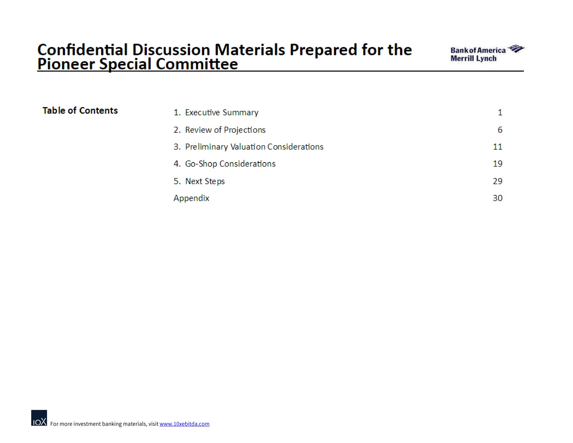 confidential discussion materials prepared for the pioneer special committee table of contents executive summary | Bank of America