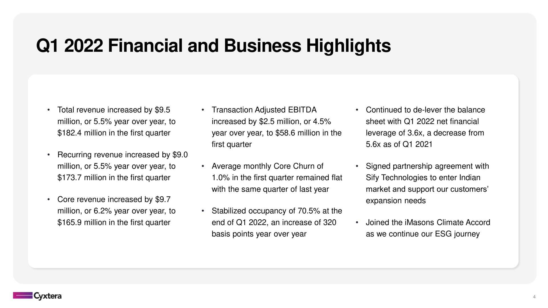 financial and business highlights | Cyxtera