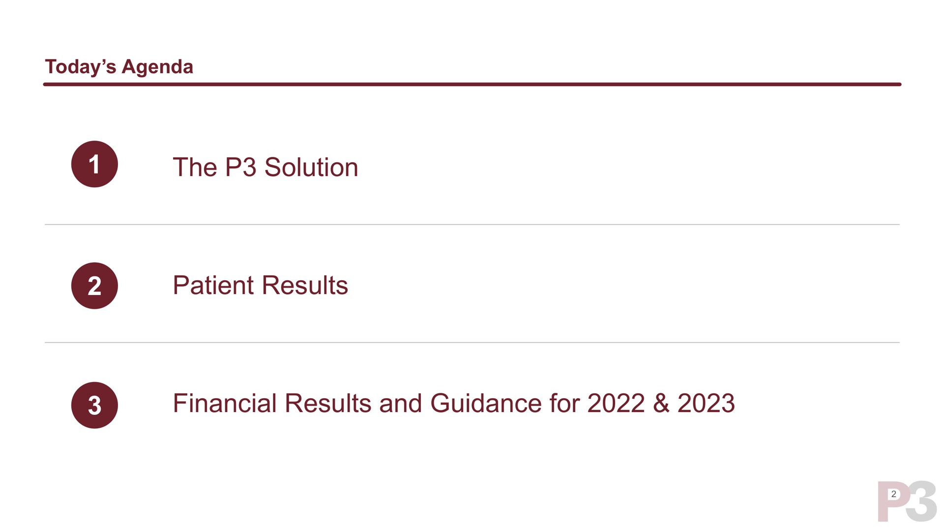 today agenda the solution patient results financial results and guidance for | P3 Health Partners