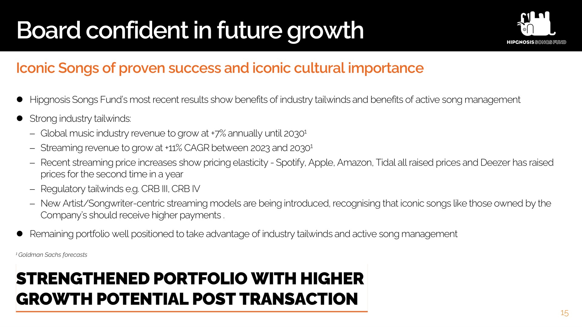 board confident in future growth strengthened portfolio with higher potential post transaction | Hipgnosis Songs Fund