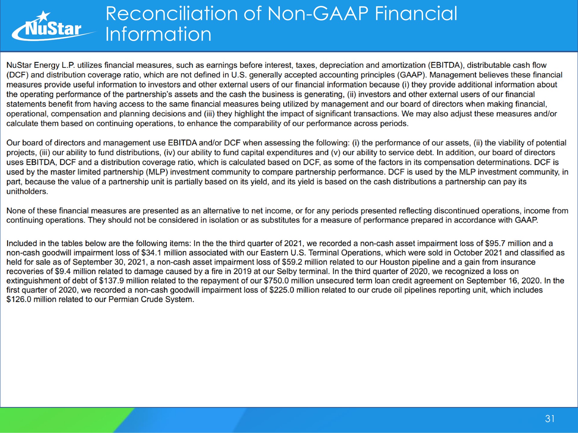 reconciliation of non financial information | NuStar Energy