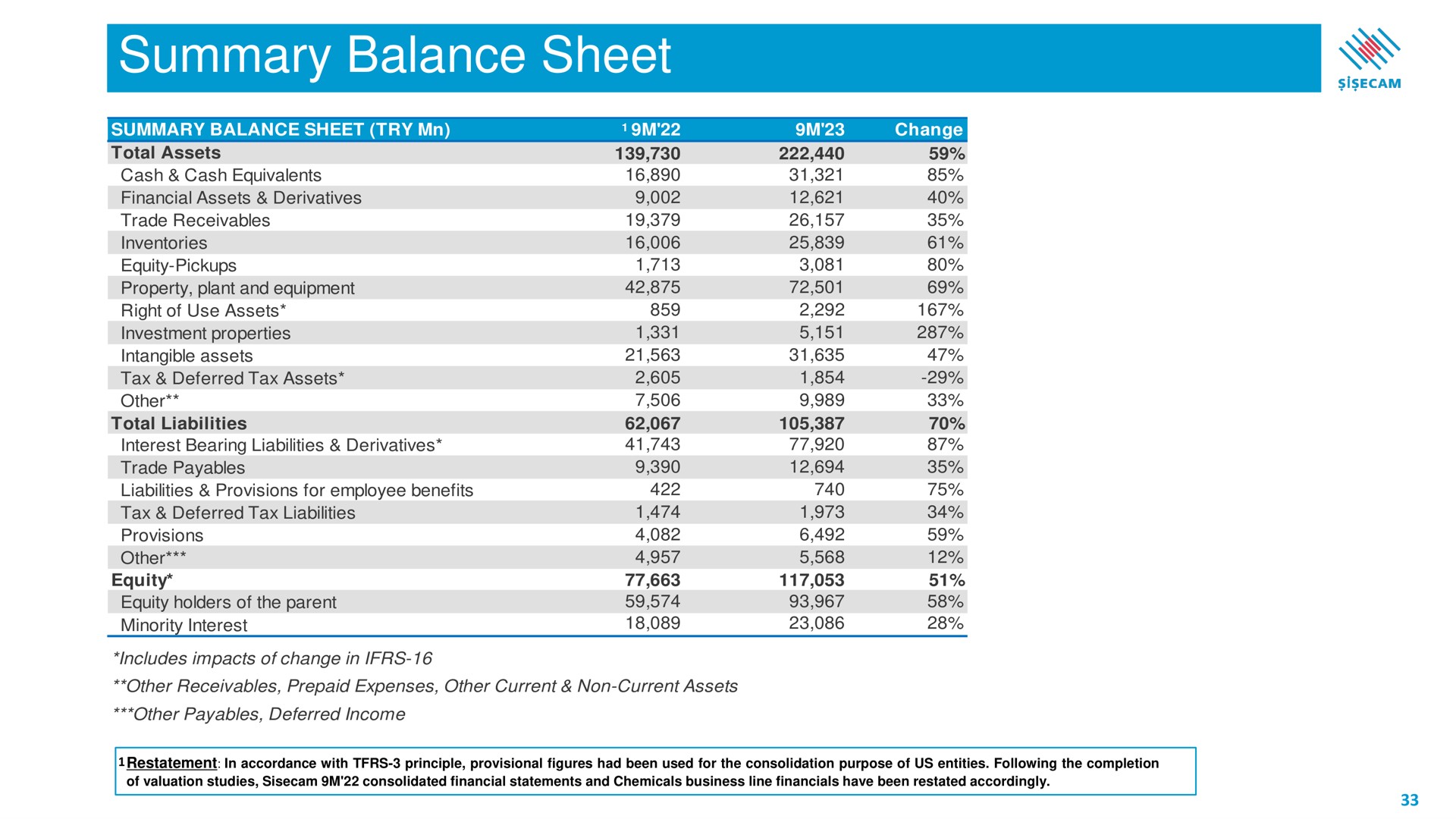 summary balance sheet | Sisecam Resources