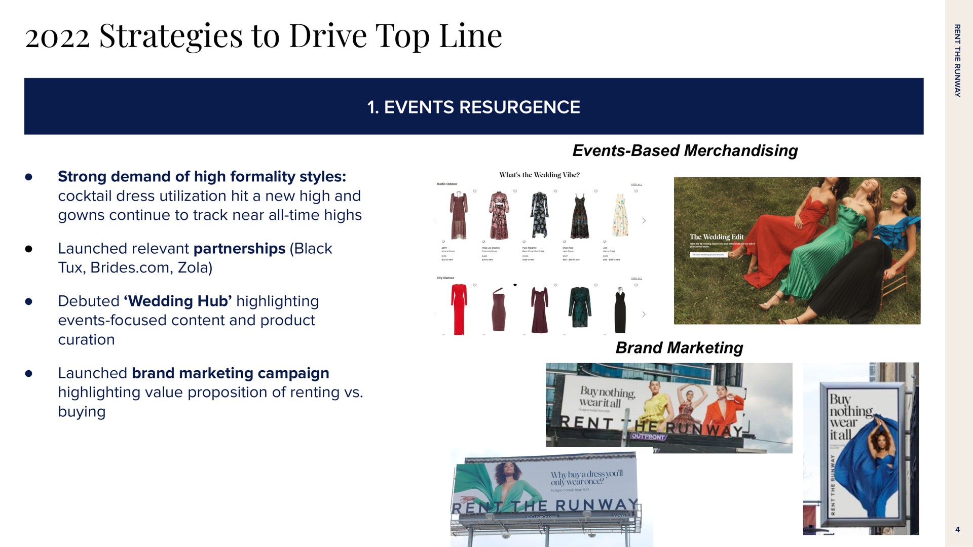 strategies to drive top line events resurgence events based merchandising strong demand of high formality styles cocktail dress utilization hit a new high and gowns continue to track near all time highs launched relevant partnerships black tux brides debuted wedding hub highlighting events focused content and product curation launched brand marketing campaign highlighting value proposition of renting buying brand marketing | Rent The Runway