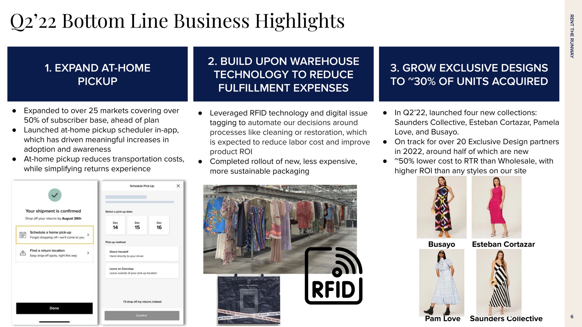 bottom line business highlights expand at home pickup build upon warehouse technology to reduce fulfillment expenses grow exclusive designs to of units acquired | Rent The Runway