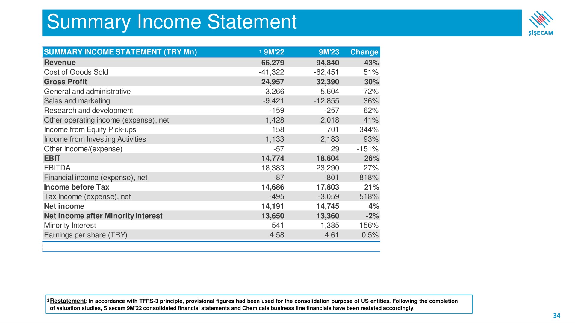 summary income statement | Sisecam Resources