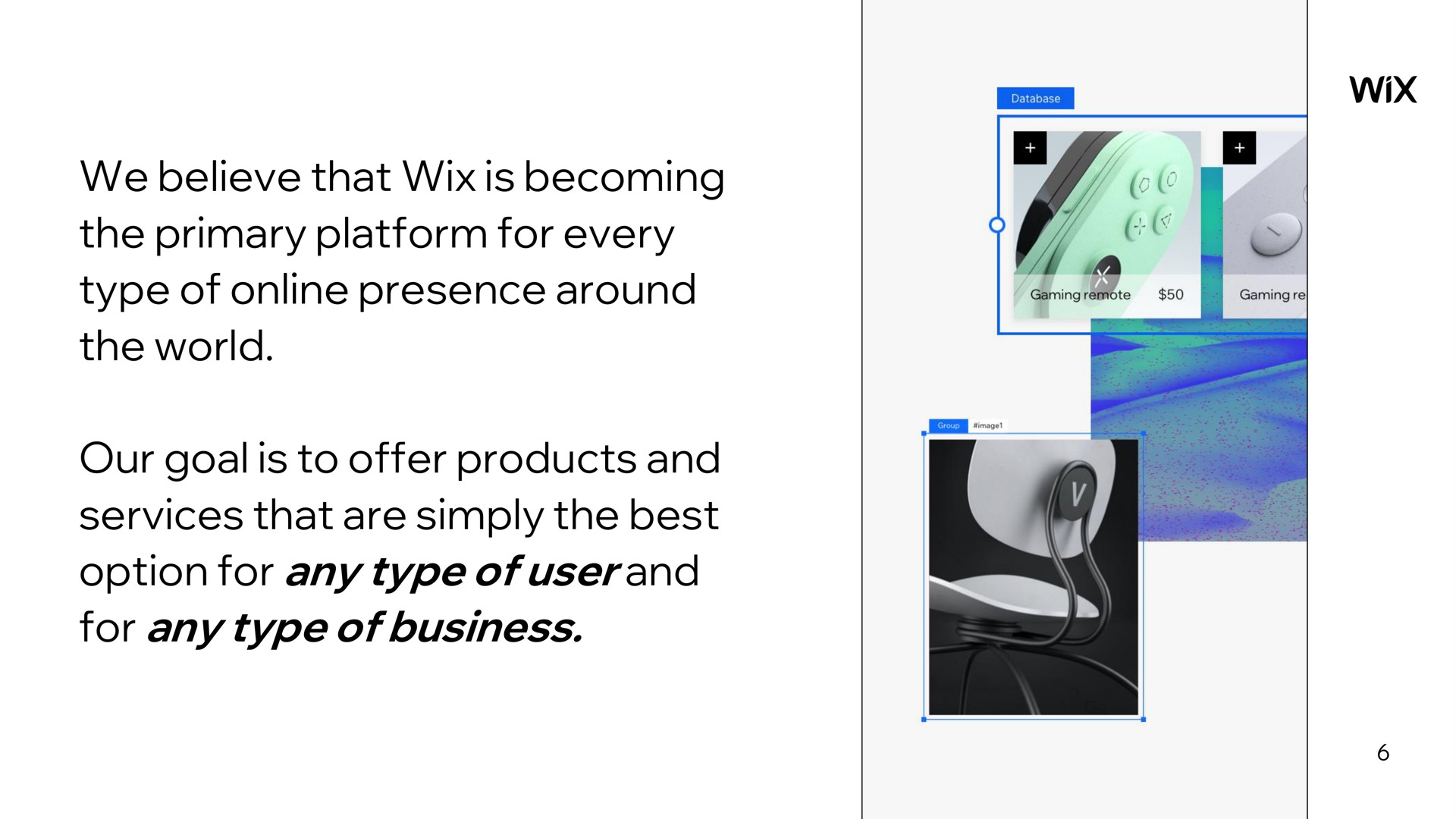 we believe that is becoming the primary platform for every type of presence around the world our goal is to offer products and services that are simply the best option for any type of type of business | Wix