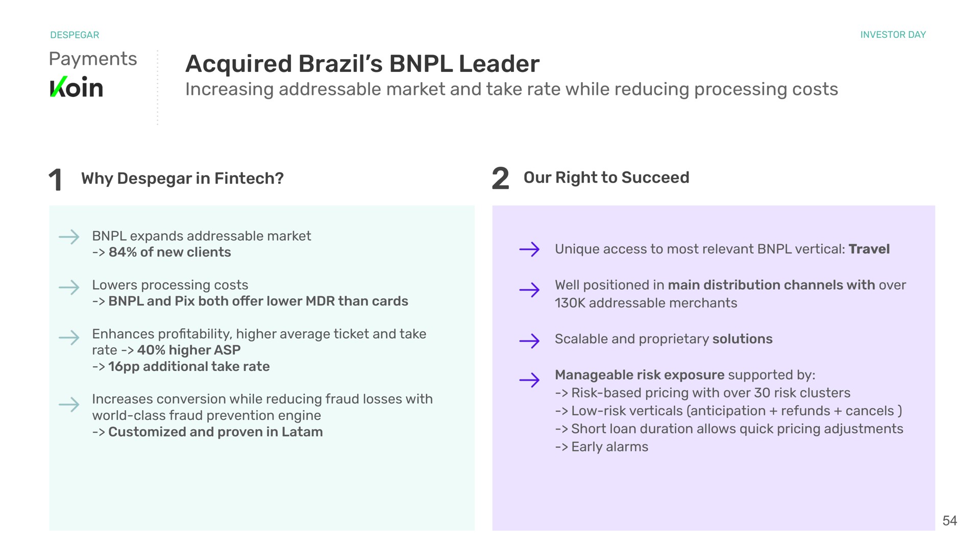 payments acquired brazil leader increasing market and take rate while reducing processing costs why in our right to succeed expands market of new clients unique access to most relevant vertical travel lowers processing costs and pix both offer lower than cards well positioned in main distribution channels with over merchants enhances pro higher average ticket and take rate higher asp additional take rate increases conversion while reducing fraud losses with world class fraud prevention engine and proven in scalable and proprietary solutions manageable risk exposure supported by risk based pricing with over risk clusters low risk verticals anticipation refunds cancels short loan duration allows quick pricing adjustments early alarms | Despegar
