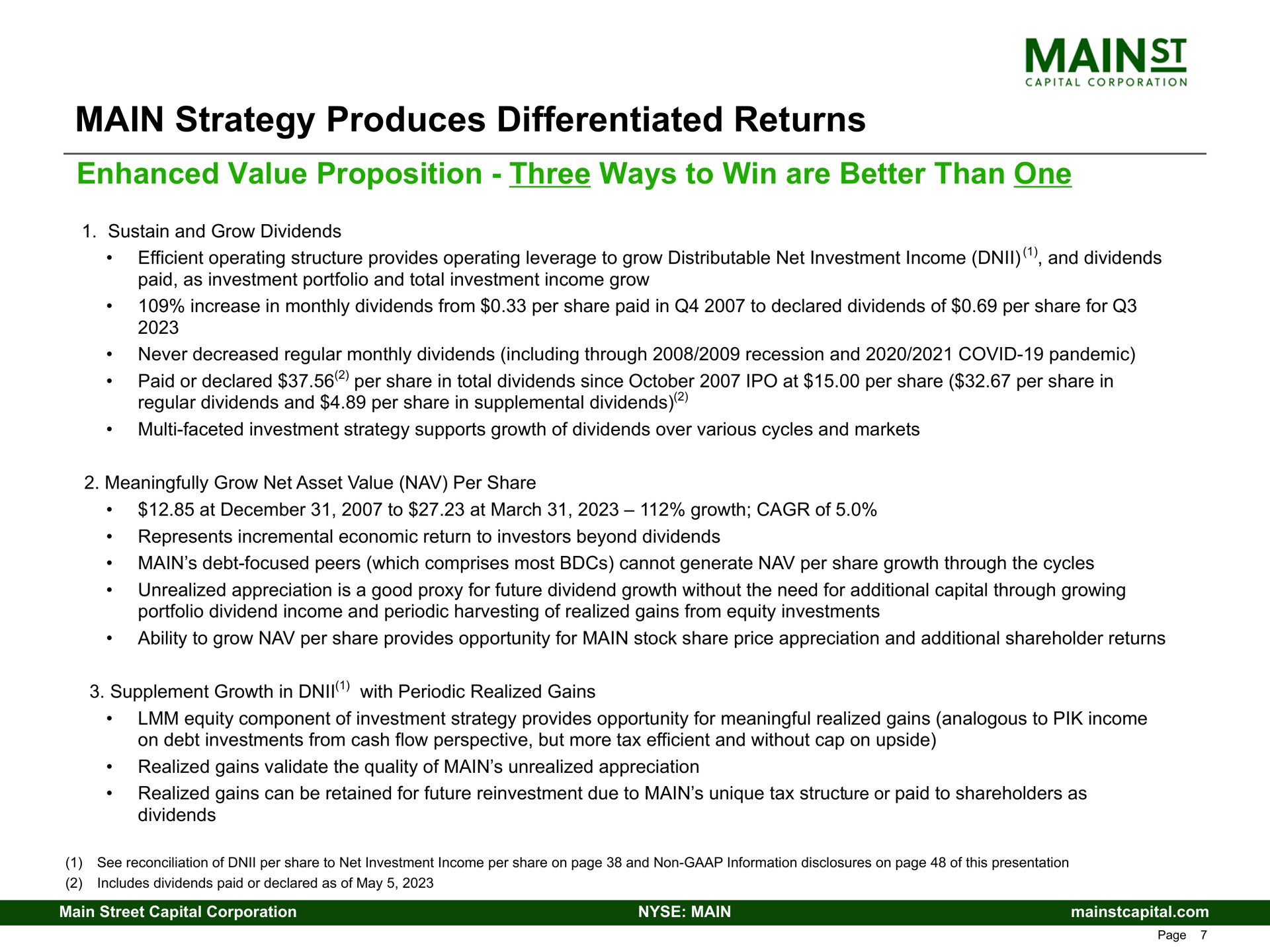 main strategy produces differentiated returns enhanced value proposition three ways to win are better than one mains | Main Street Capital
