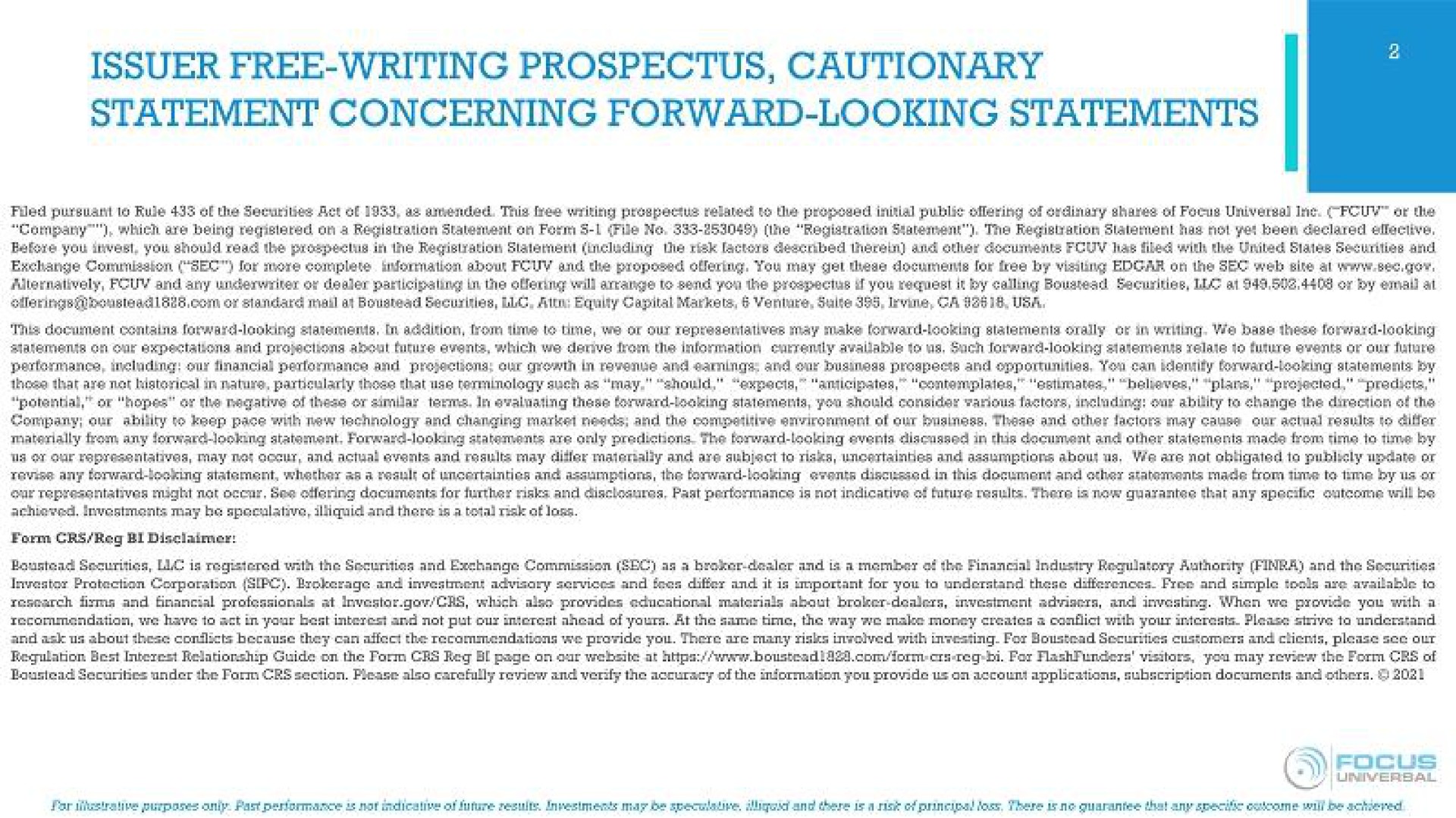 issuer free writing prospectus cautionary statement concerning forward looking statements focus | Focus Universal